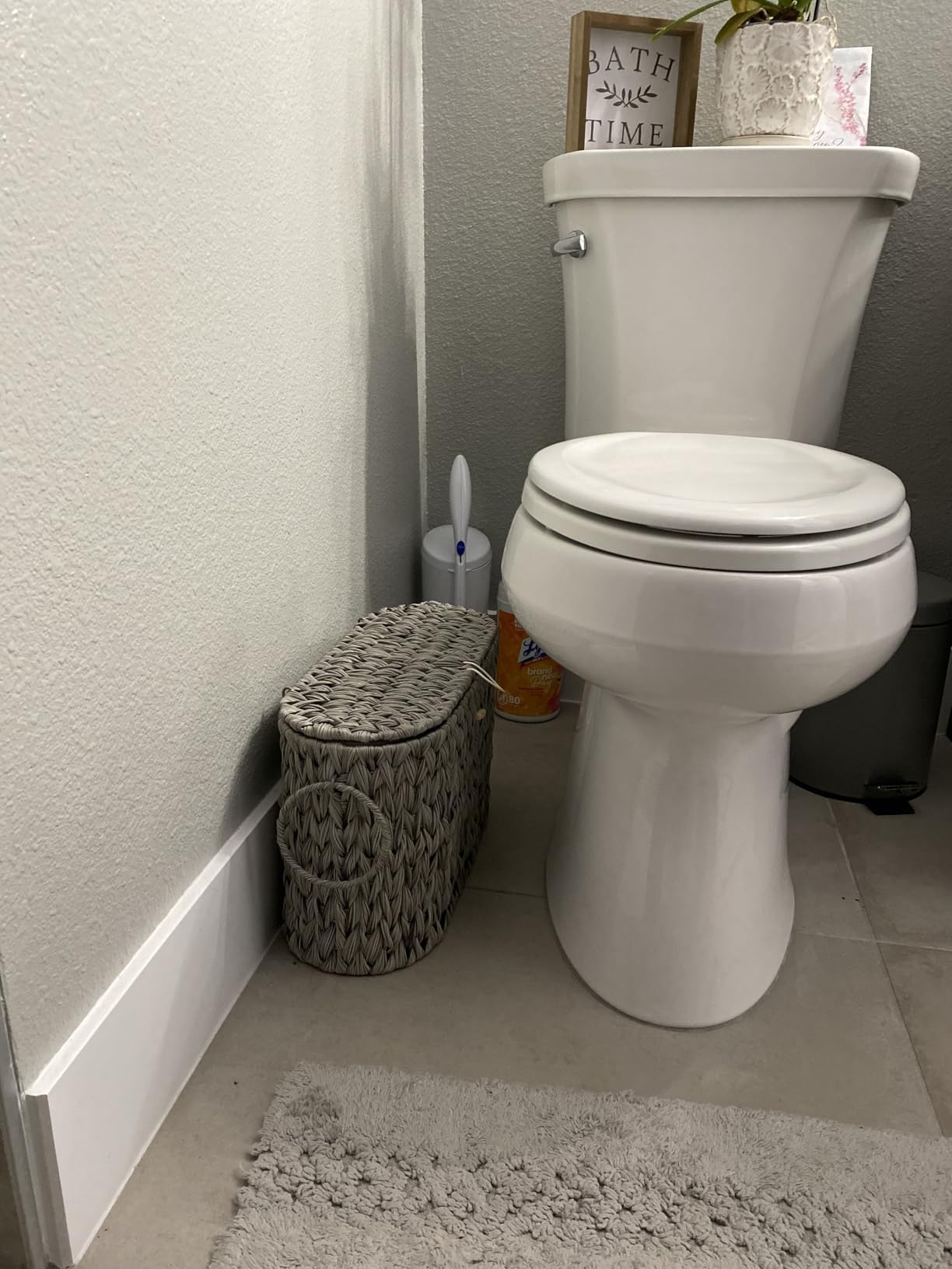 Wicker Toilet Paper Storage Basket with Lid - Narrow Decorative Bathroom Organizer Stand, Free Standing Grey Basket for Toilet Paper & Bath Essentials | Perfect for Small Bathrooms, Powder Rooms & Vanity Organization