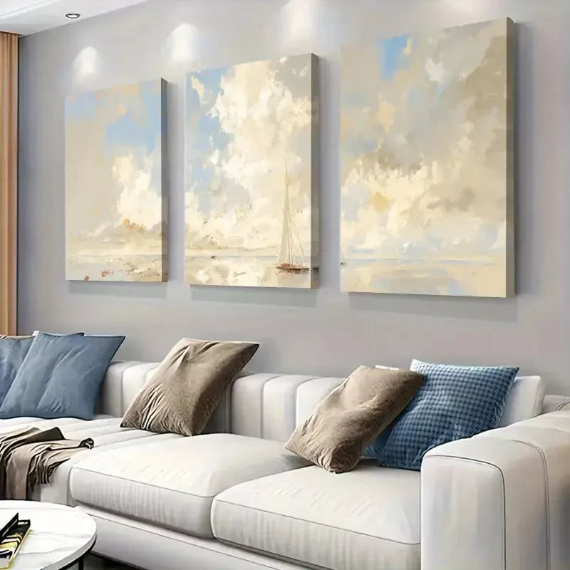 3-Piece Cloudy Seascape Sailing Boat Art Set - Framed Canvas Wall Decor 50x70cm | High Quality Print | 100% Australian Made | Ready to Hang | Perfect for Living Room, Bedroom & Office Decor