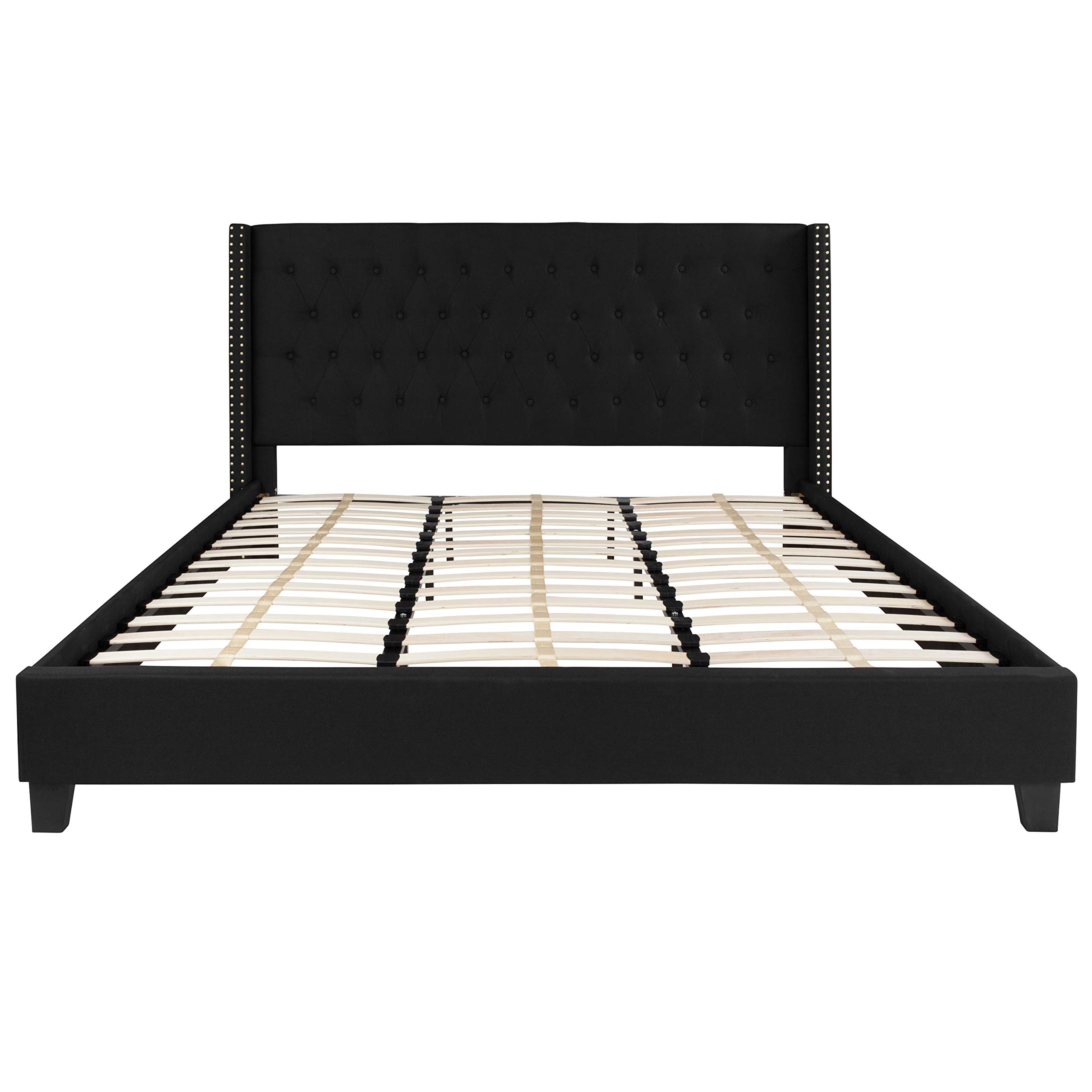 King Accent Extended Panel Platform Bed Frame - Black Fabric Upholstered Queen Size for Modern Bedroom & Guest Room