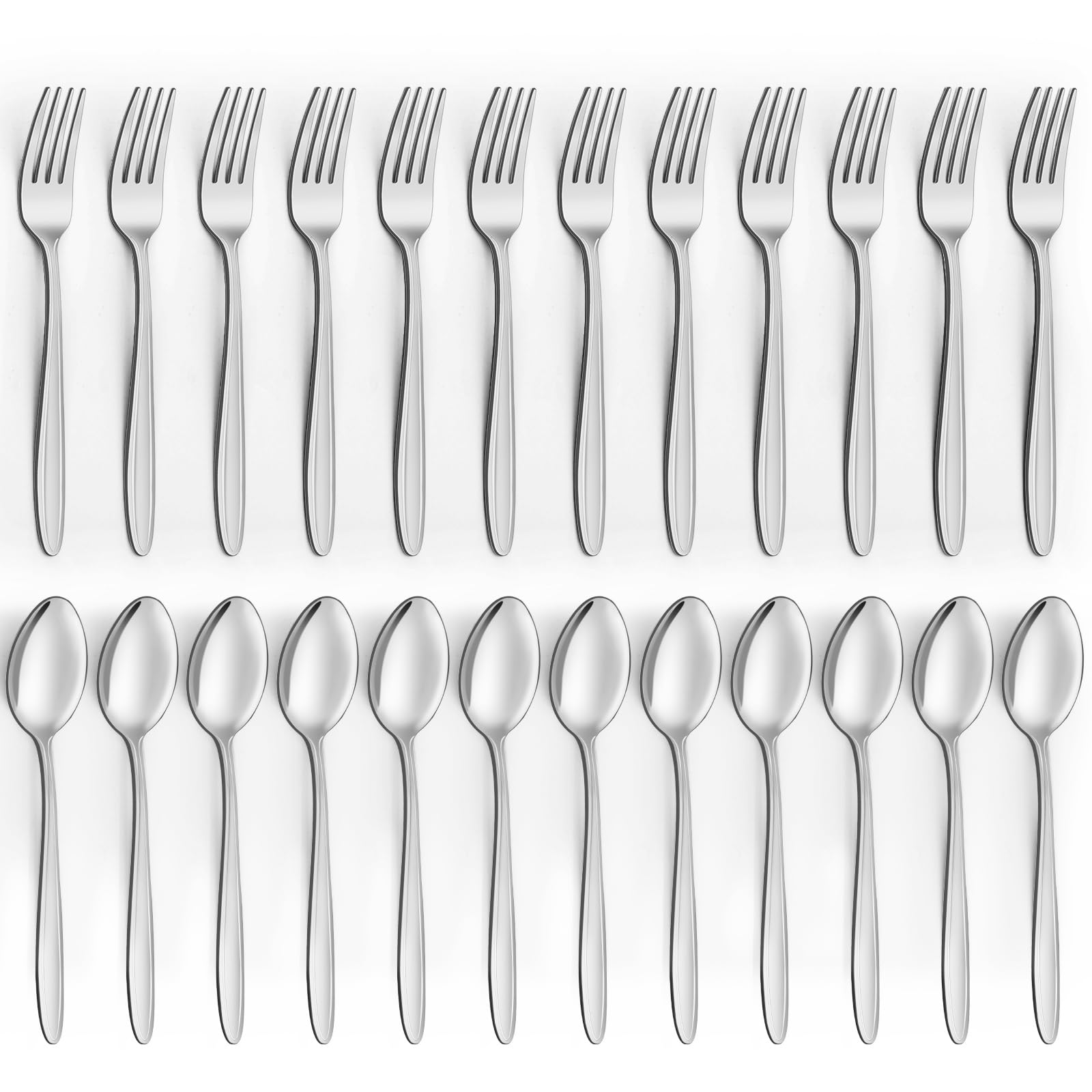 24-Piece Stainless Steel Forks and Spoons Set - 12 Dinner Forks & 12 Spoons - Food Grade Mirror Polished Silverware for Home, Kitchen, Restaurant & Party Use - Dishwasher Safe Durable Flatware