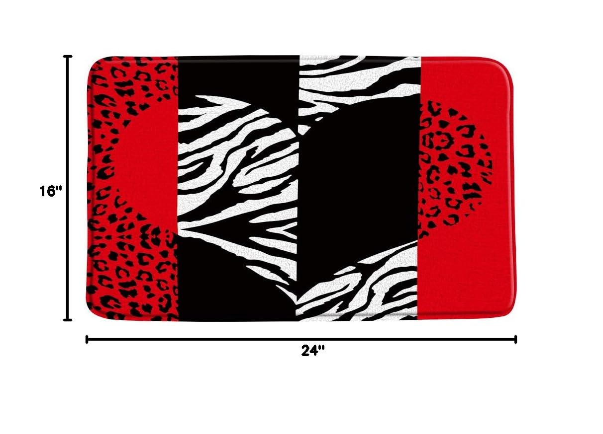 Red Black Leopard Print Bath Mat - Soft Microfiber Memory Foam Bathroom Rug with Zebra Stripes & Heart Design - Absorbent Non-Slip Floor Mat for Bathroom, Kitchen & Toilet Decor - Perfect for Cozy Home Spa Moments