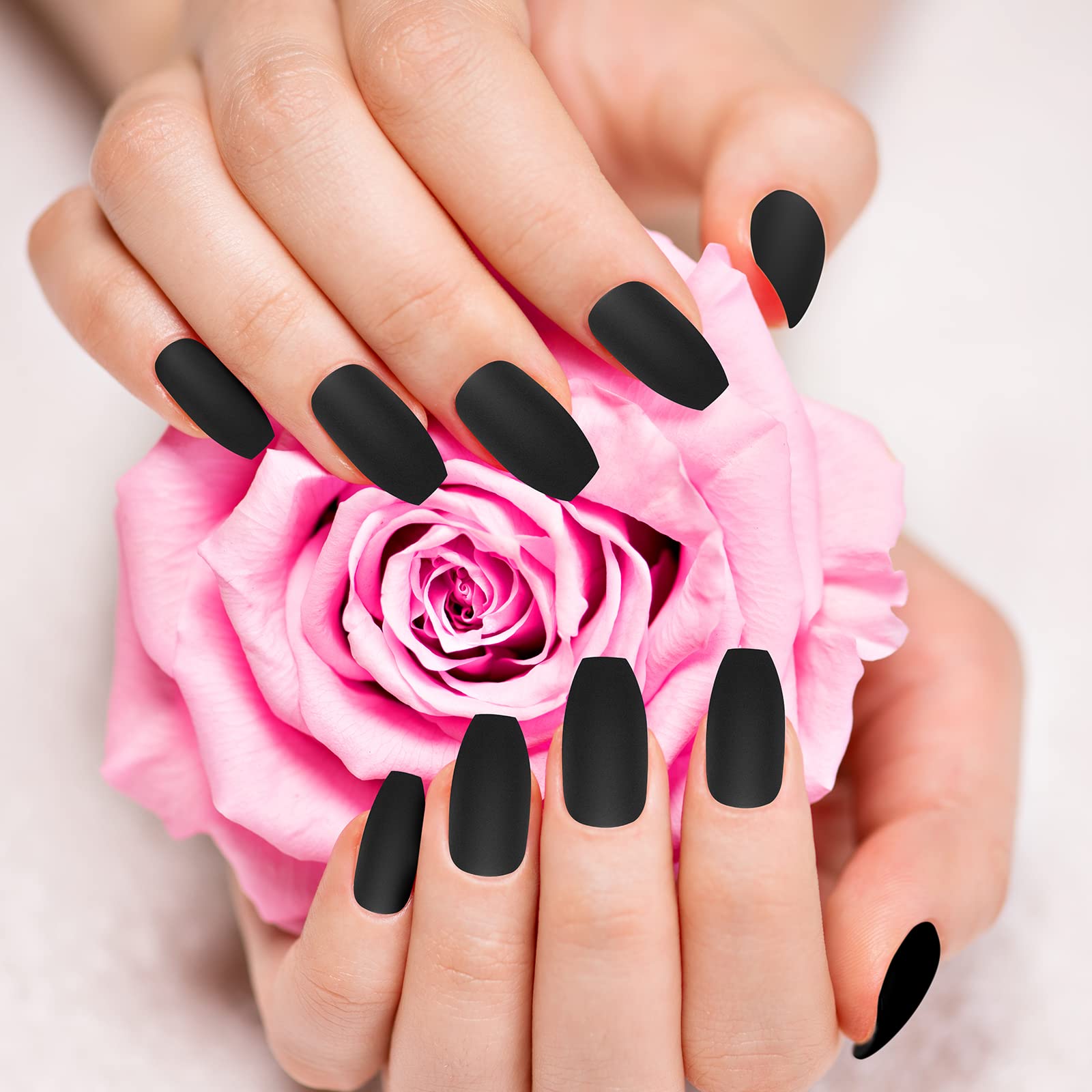 PROUSKY 48-Piece Matte Black Press-On Nails - 24 Sizes Full Cover Coffin Fake Nails, Acrylic False Nails for Women & Girls | Perfect for Parties, Weddings & Everyday Glam