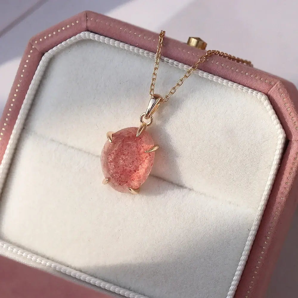 Dainty Strawberry Pink Gemstone Necklace for Women - Elegant Rose Quartz Pendant Jewelry Gift | Perfect for Valentine's Day, Anniversary & Everyday Wear | HJZB 250