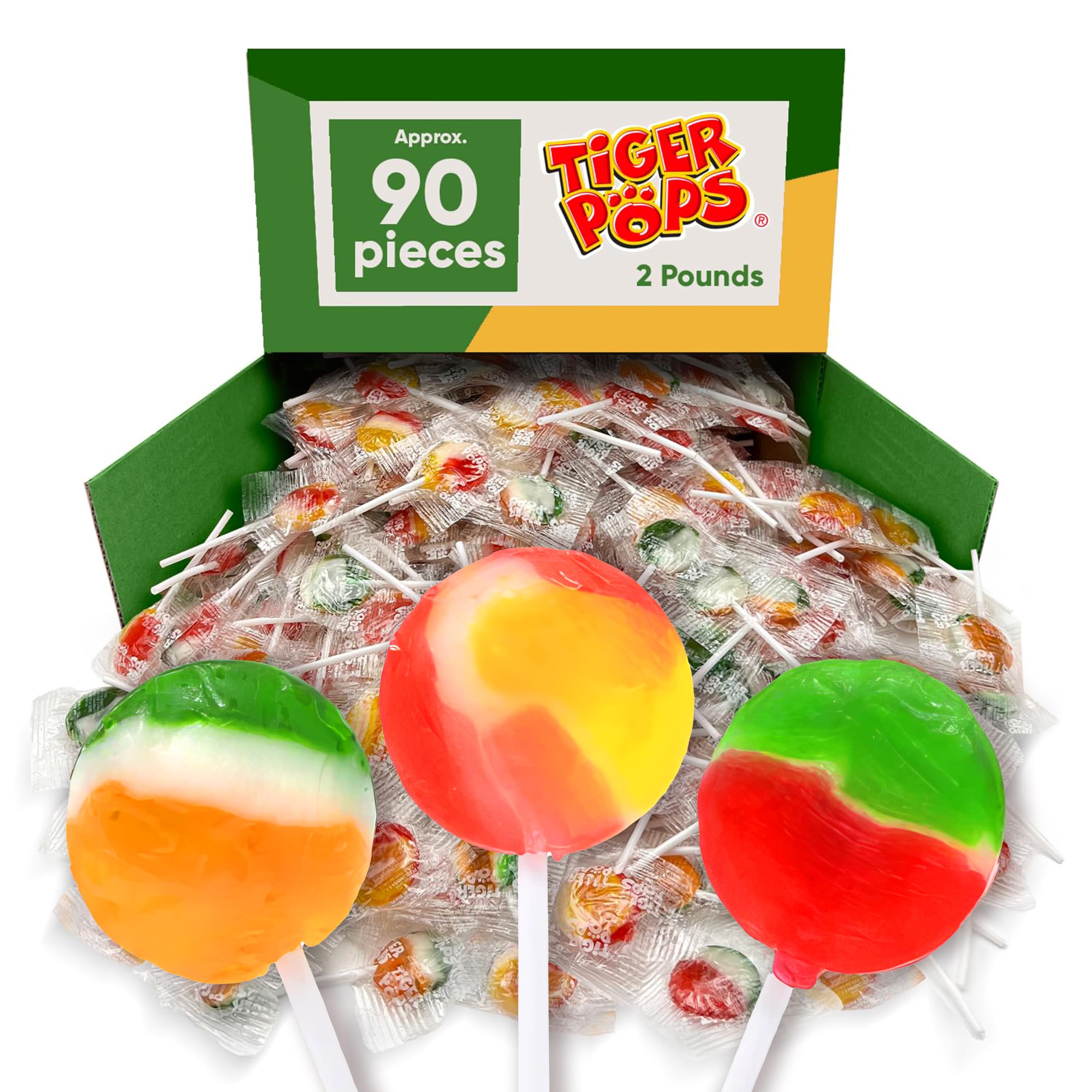 Bulk Tiger Pops Lollipops - 2 Pounds (Approx 90 Pieces) Individually Wrapped Hard Candy - Assorted Flavors Suckers for Kids, Holiday Parties & Christmas Stocking Stuffers - Perfect for Piñata Filler, Birthday Favors and Classroom Treats