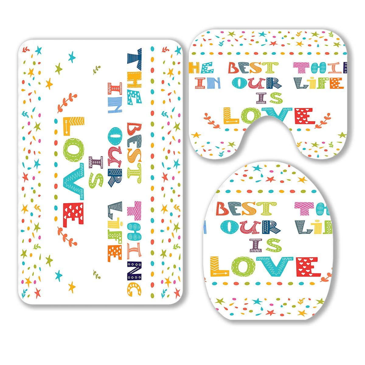 ABPHQTO 3-Piece Bathroom Rug Set - Non-Slip Contour Mat & Toilet Lid Cover with 'Best Thing in Life is Love' Quote - Soft Absorbent Microfiber for Bath, Shower & Vanity Areas