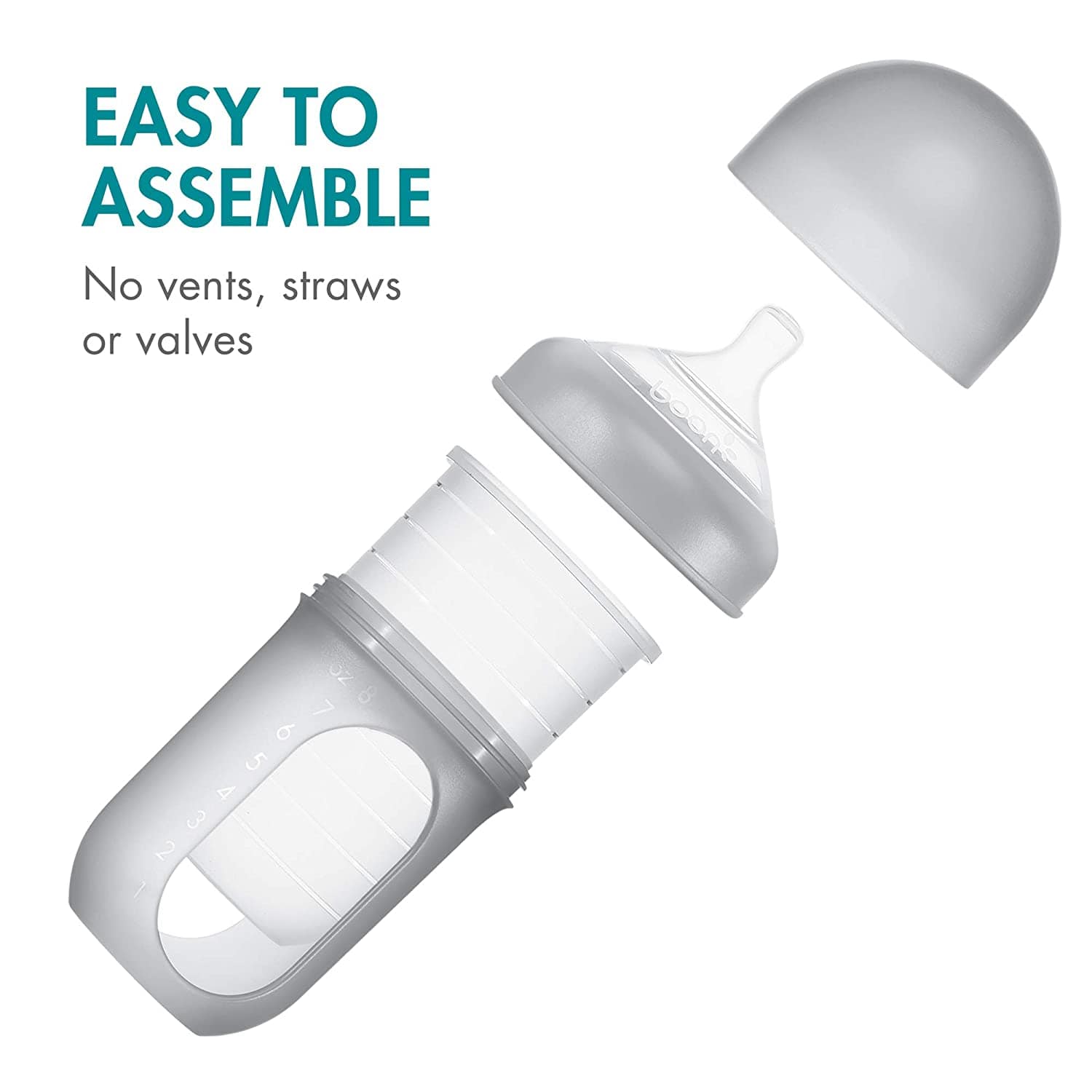 Boon Nursh Silicone Pouch Bottle - 8oz (3 Pack) Grey - Leak-Proof Baby Feeding Bottle for On-the-Go, Travel & Daycare Use