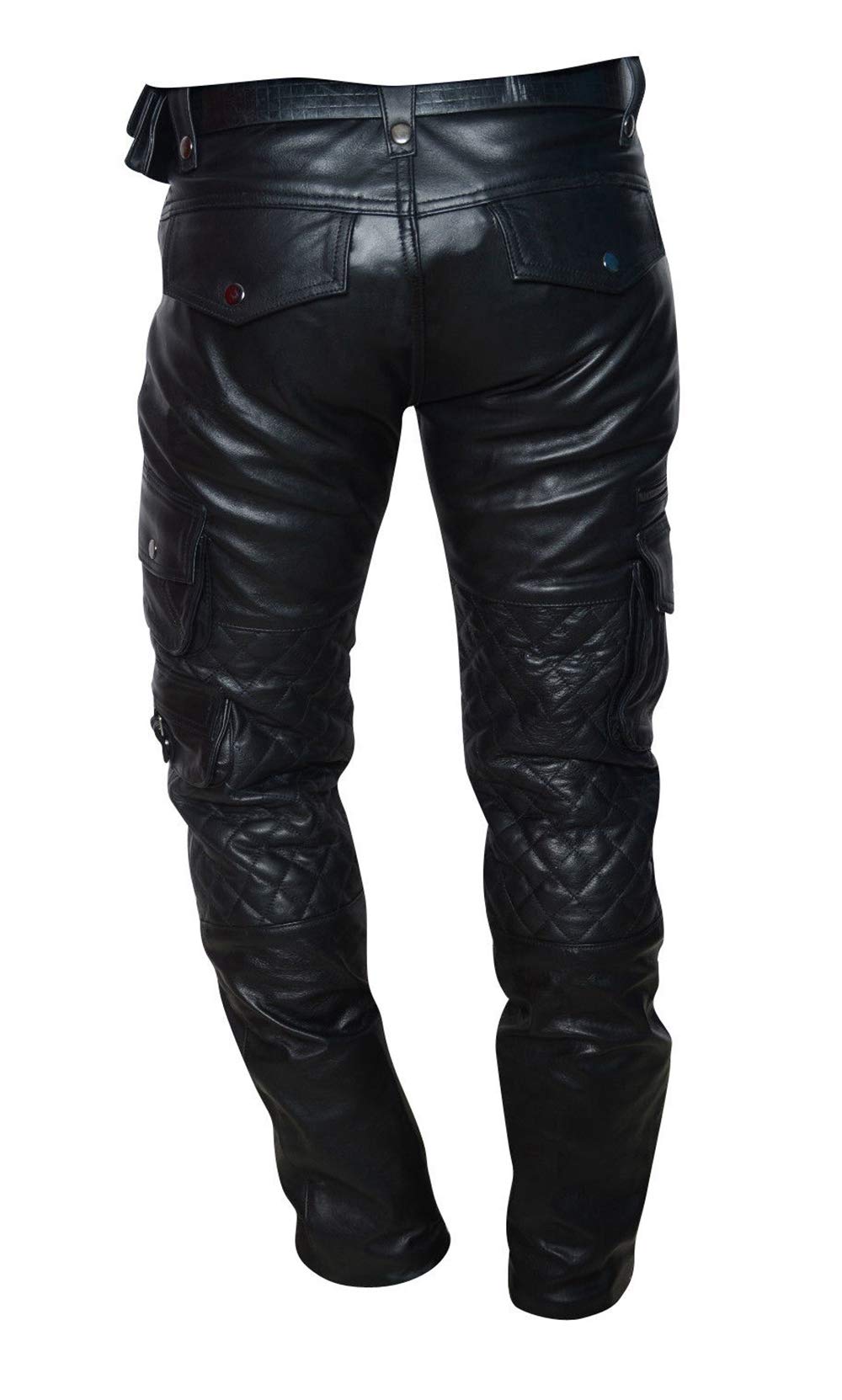 Men's Black Leather Biker Pants - Quilted Motorcycle Joggers with Cargo Pockets | Stylish & Durable Riding Trousers for Motorcycle Enthusiasts & Urban Fashion