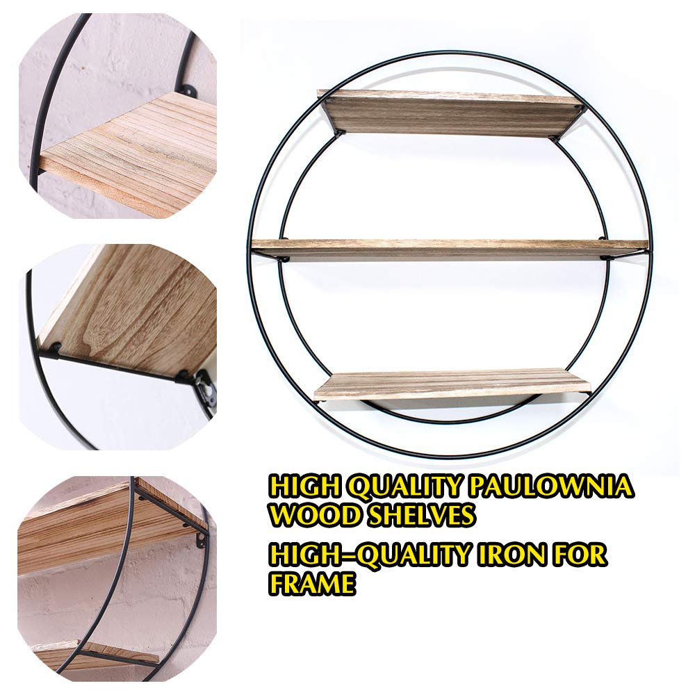 Rustic Floating Shelves - 3 Tier Geometric Wall Shelf Decor, Wood & Metal Farmhouse Style for Bedroom, Living Room, Kitchen & Office | Perfect for Displaying Books, Plants & Home Decor (Round)