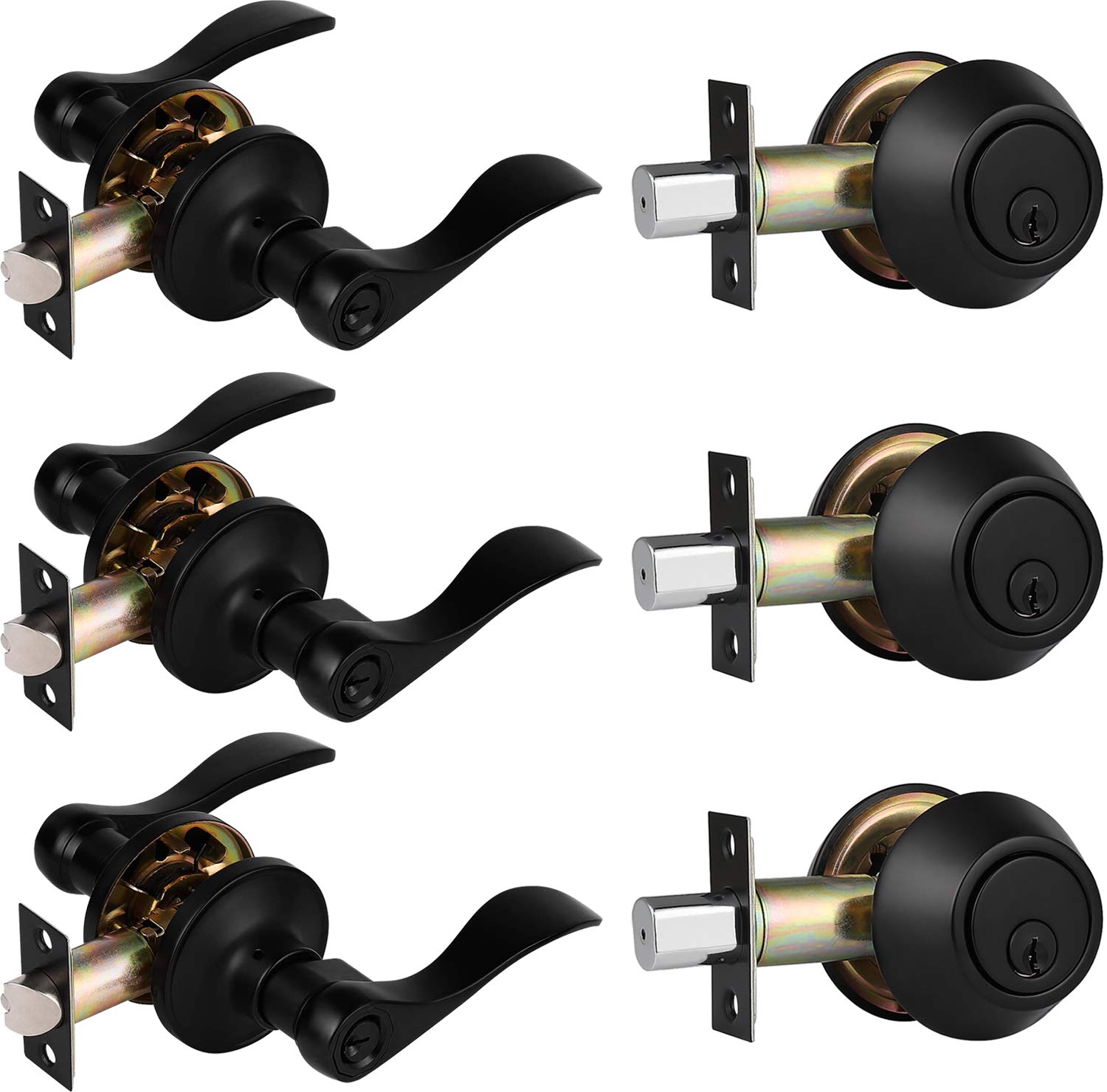 3 Pack Keyed Alike Entry Lever Door Handle & Single Cylinder Deadbolt Lock Set - Wave Style Matte Black Finish - Reversible for Right/Left Hand Doors - Perfect for Front Doors, Offices & Commercial Spaces