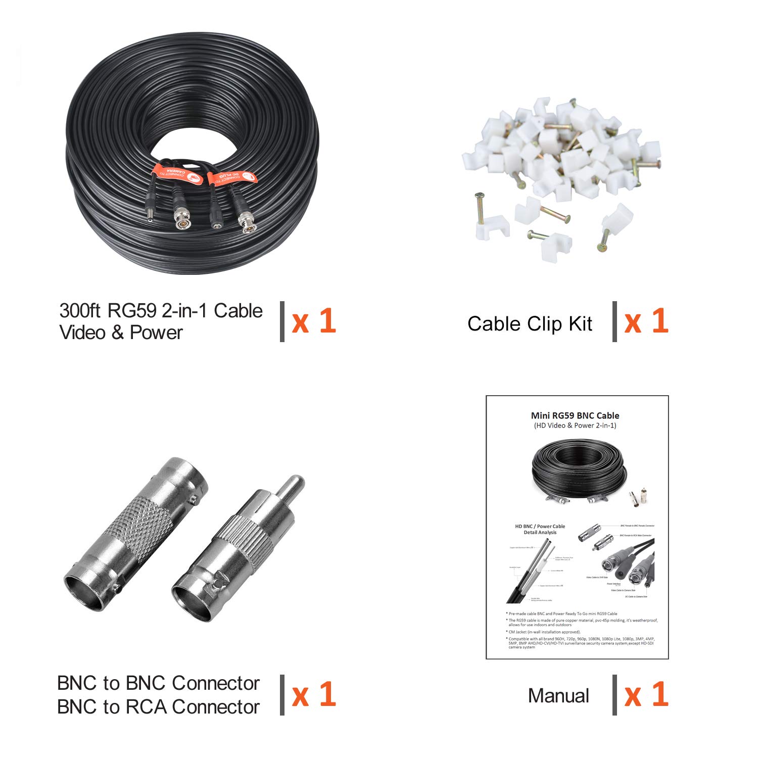 300Ft 91 Meters 4K 8MP Pre-Made BNC Security Camera Cable - All-in-One RG59 Extension Wire for CCTV, DVR Systems, Bullet & Dome Analog Cameras - Perfect for Home Surveillance, Business Security & Outdoor Monitoring