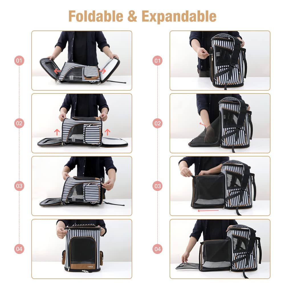 Expandable Cat & Dog Backpack Carrier - Foldable Pet Travel Backpack with Safety Leash for Small Pets | Airplane Approved, Hiking, Outdoor Adventures (Black)