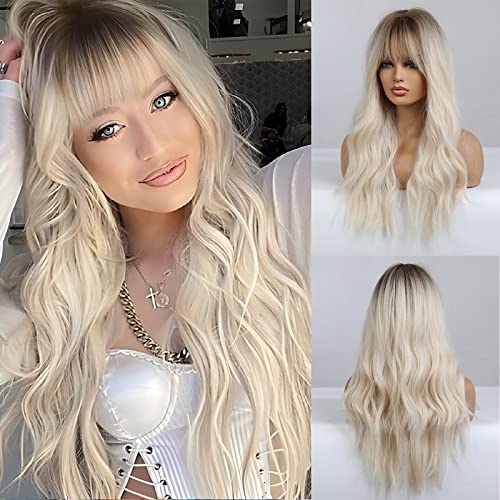 Ombre Blonde Wig with Dark Roots - Long Wavy Synthetic Hairpiece for Cosplay, Halloween & Daily Wear - Heat Resistant & Natural Look