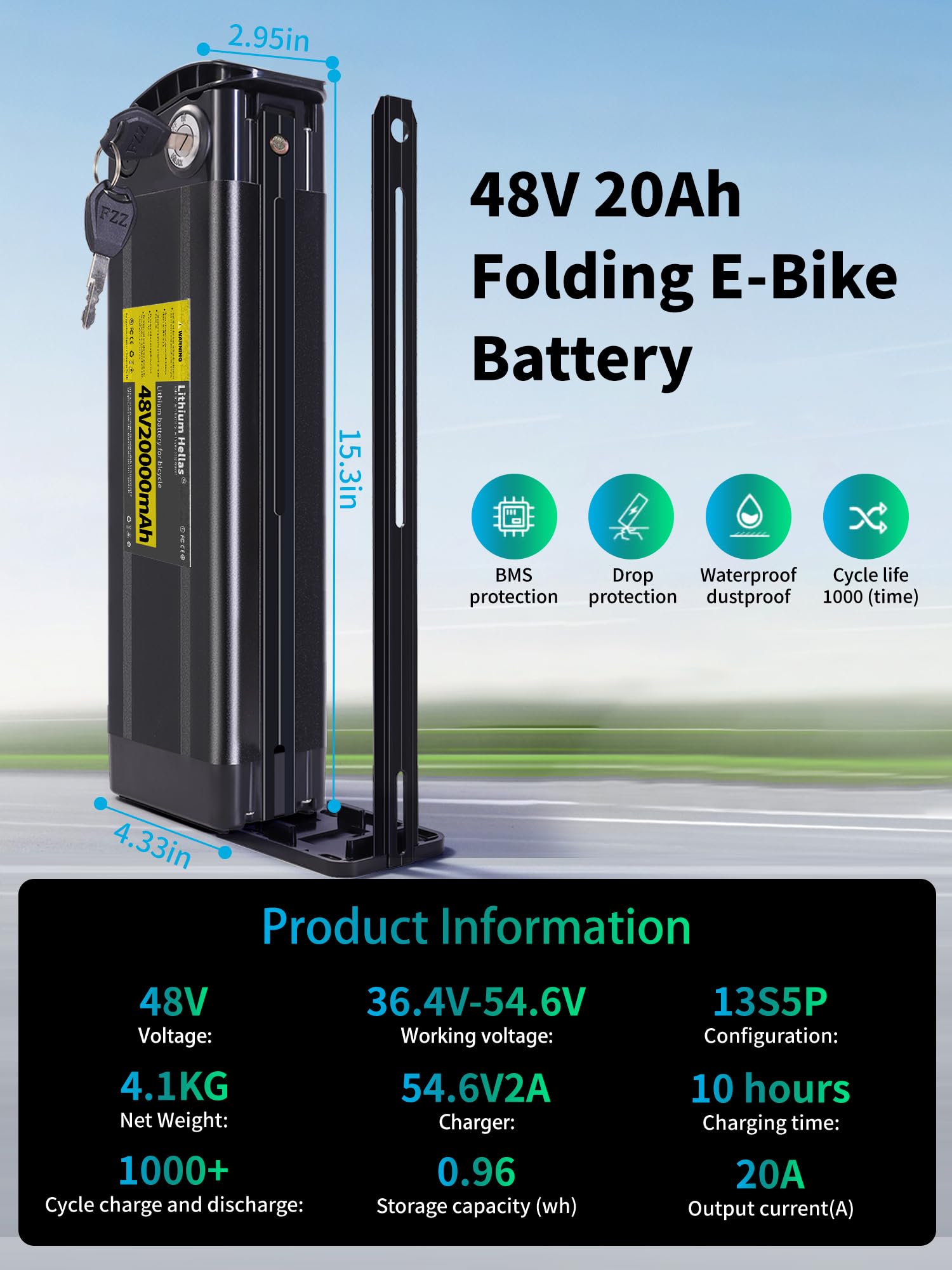 48V 20Ah Lithium Electric Bike Battery - Folding E-Bike Replacement Battery with 2A Fast Charger & Safety Lock | US Stock | Perfect for Commuting, City Riding & Outdoor Adventures