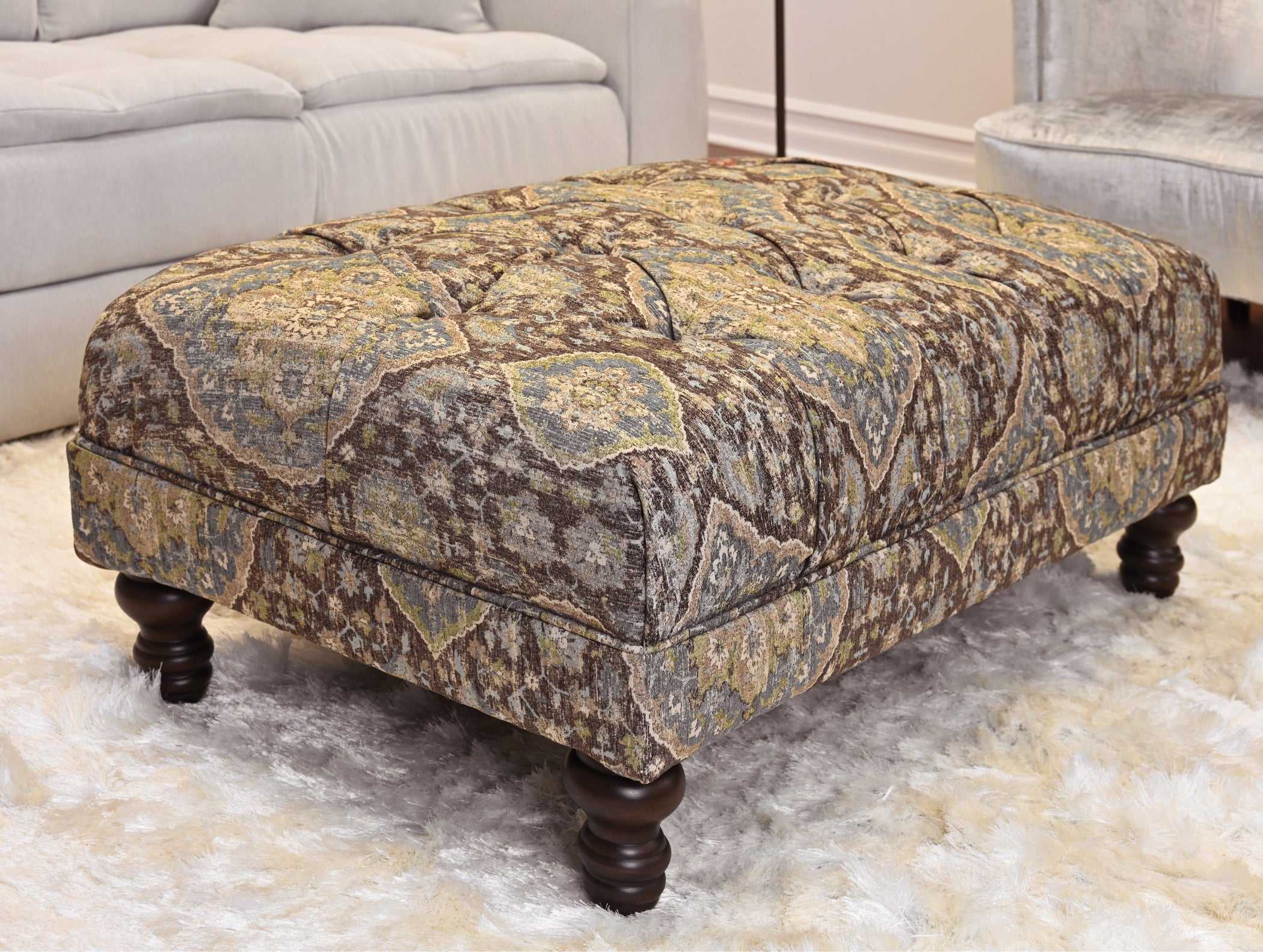 Roundhill Furniture Charbilia Fabric Tufted Cocktail Ottoman in Tapestry Ocean Cliff - Stylish Living Room Footrest & Coffee Table Alternative for Home Decor