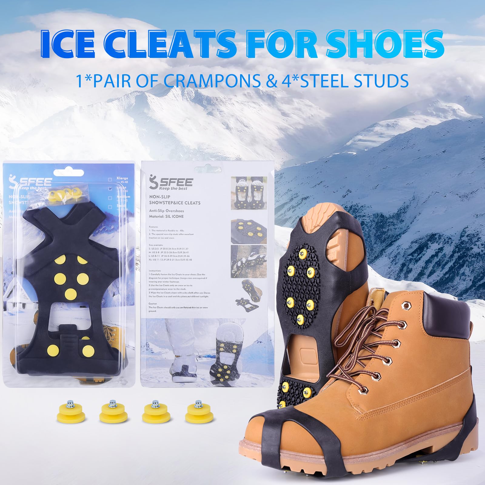Sfee Ice Cleats for Boots & Shoes - 10 Steel Studs Anti-Slip Traction Crampons for Hiking, Walking, Climbing on Snow & Ice | Winter Safety Gear for Outdoor Activities, Jogging & Daily Commute