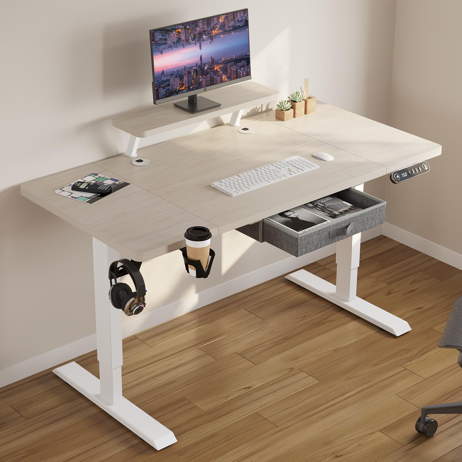 HEONAM 55x30 Inches Electric Standing Desk with Drawer - Adjustable Height Sit Stand Desk with Storage Shelf, White Pearwood Top & Frame - Ergonomic Home Office Desk for Computer Work, Gaming & Remote Work - Ideal for Small Spaces & Modern Workspaces