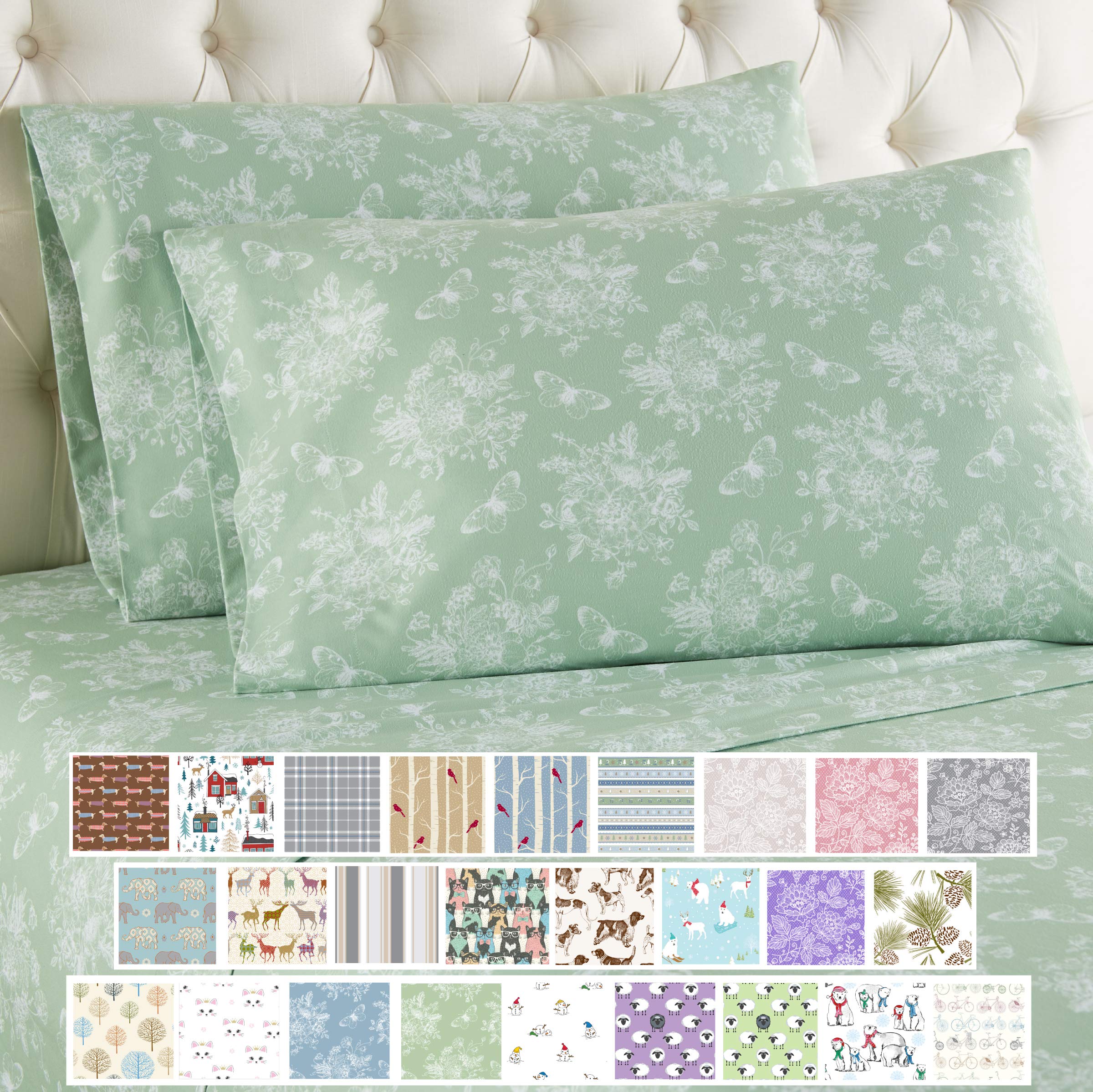 Thermee Micro Flannel Fitted Quilt Set - King Size, Toile Celery Green - Ultra Soft & Cozy Bedding for Winter Nights, Perfect for Master Bedrooms & Guest Rooms