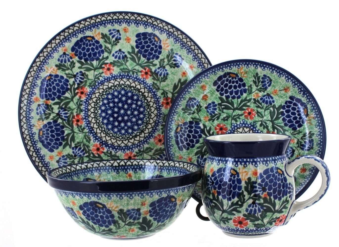 Blue Rose Polish Pottery Sofia 4-Piece Dinnerware Set - Service for 1 | Hand-Painted Ceramic Plates & Bowls | Perfect for Everyday Dining & Special Occasions