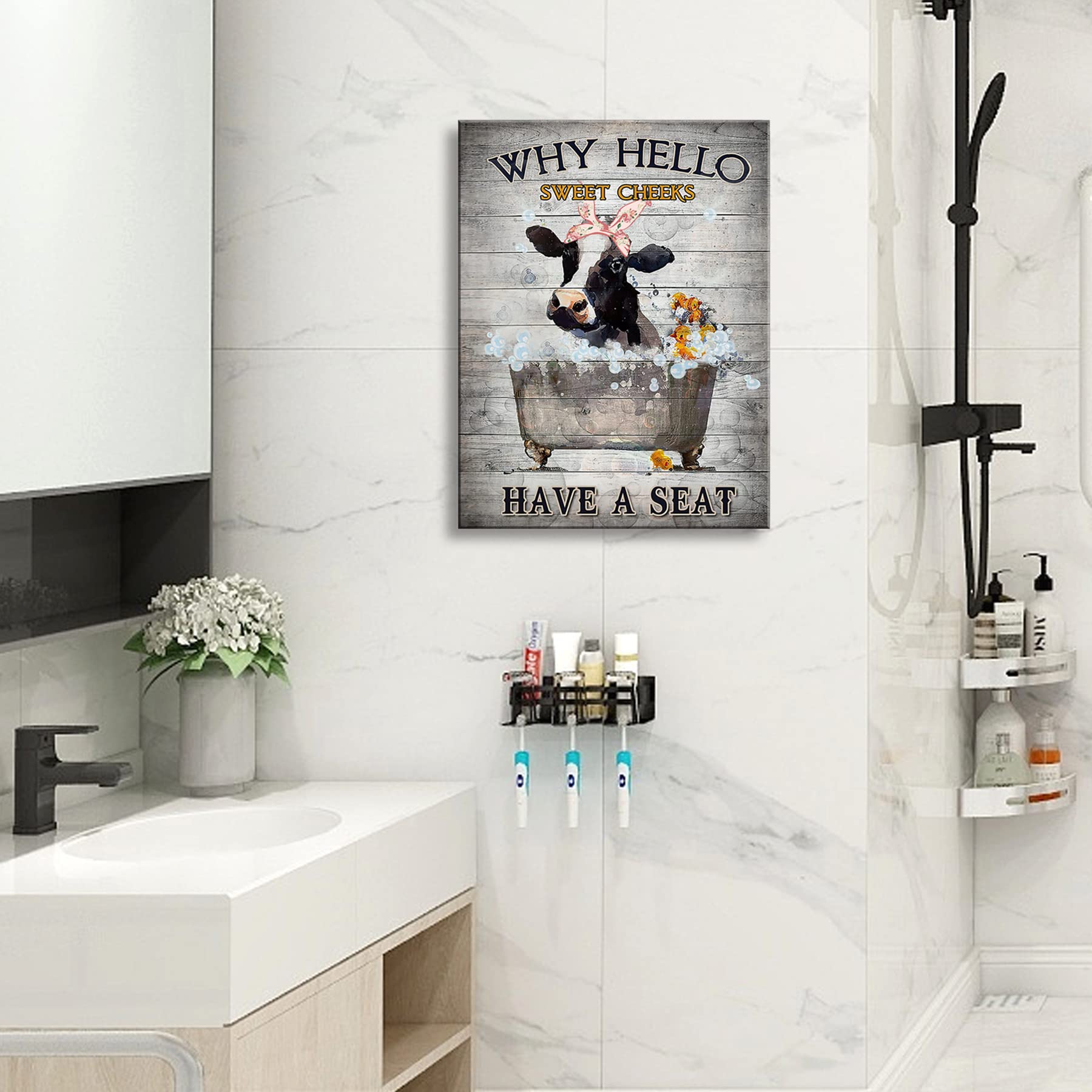 Funny Cow Bathroom Canvas Wall Art - Laundry Room Decor for Home & Office