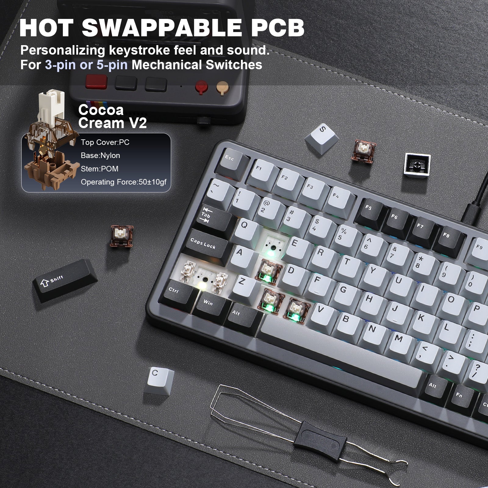 YUNZII B75 Pro Dark Gray Wireless Mechanical Keyboard - 87 Keys RGB Backlit, Bluetooth 5.1/2.4G/USB-C for Gaming & Office (Perfect for PC, Mac, Laptop, iPad)