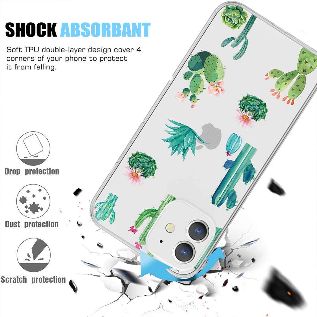 Premium Clear Shockproof TPU Case for iPhone 12 Mini (5.4 inch) - Soft Protective Phone Cover for Women & Girls | Cactus Design | Perfect for Everyday Use, Work & Travel Protection