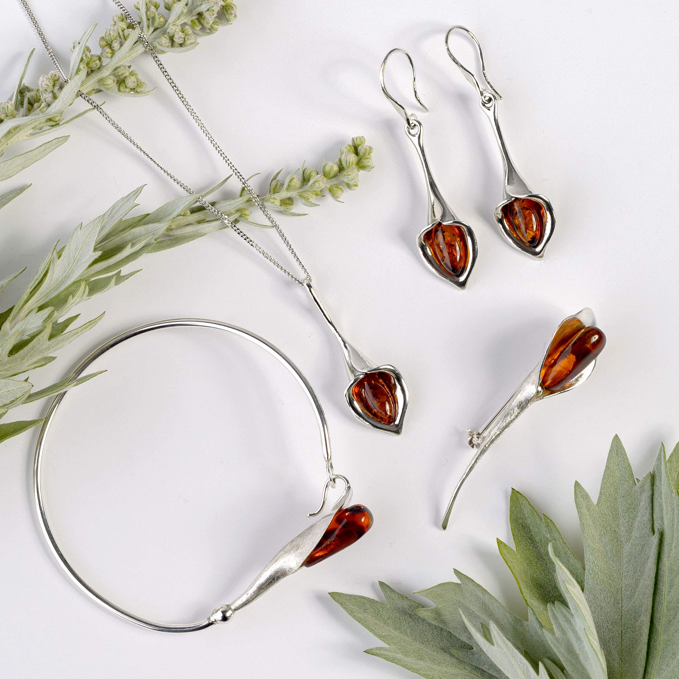 Elegant Silver & Cognac Amber Calla Lily Drop Earrings with Gift Box - Perfect for Weddings, Parties & Special Occasions