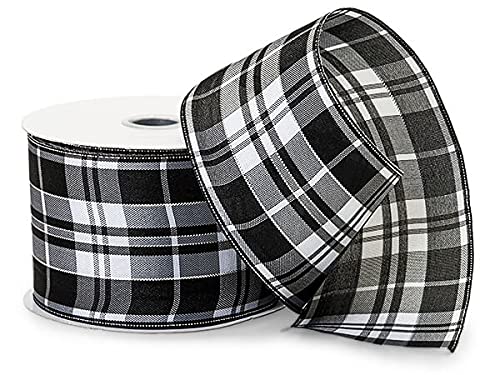 1 Pack Black and White Plaid Ribbon with Silver Accents, 2.5