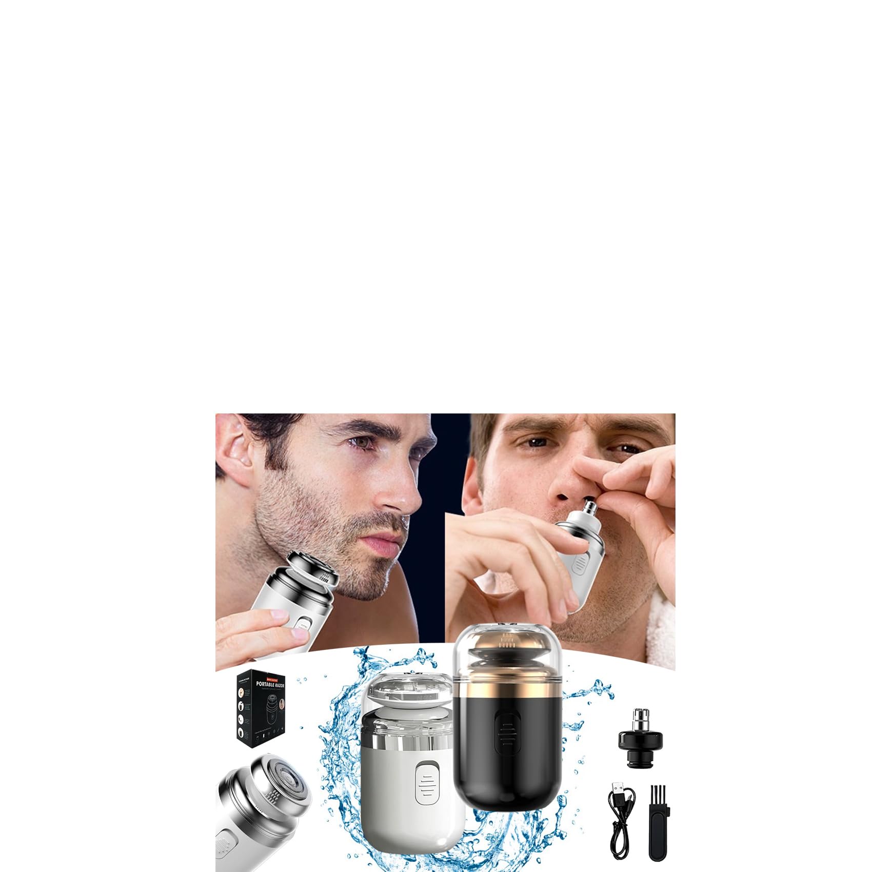 Mini Electric Shaver for Men - Portable 2-in-1 Rechargeable Face & Nose Hair Trimmer, Waterproof Travel Shaver with Dual Blades - Perfect for Home, Office, Gym & Travel (Black+White)