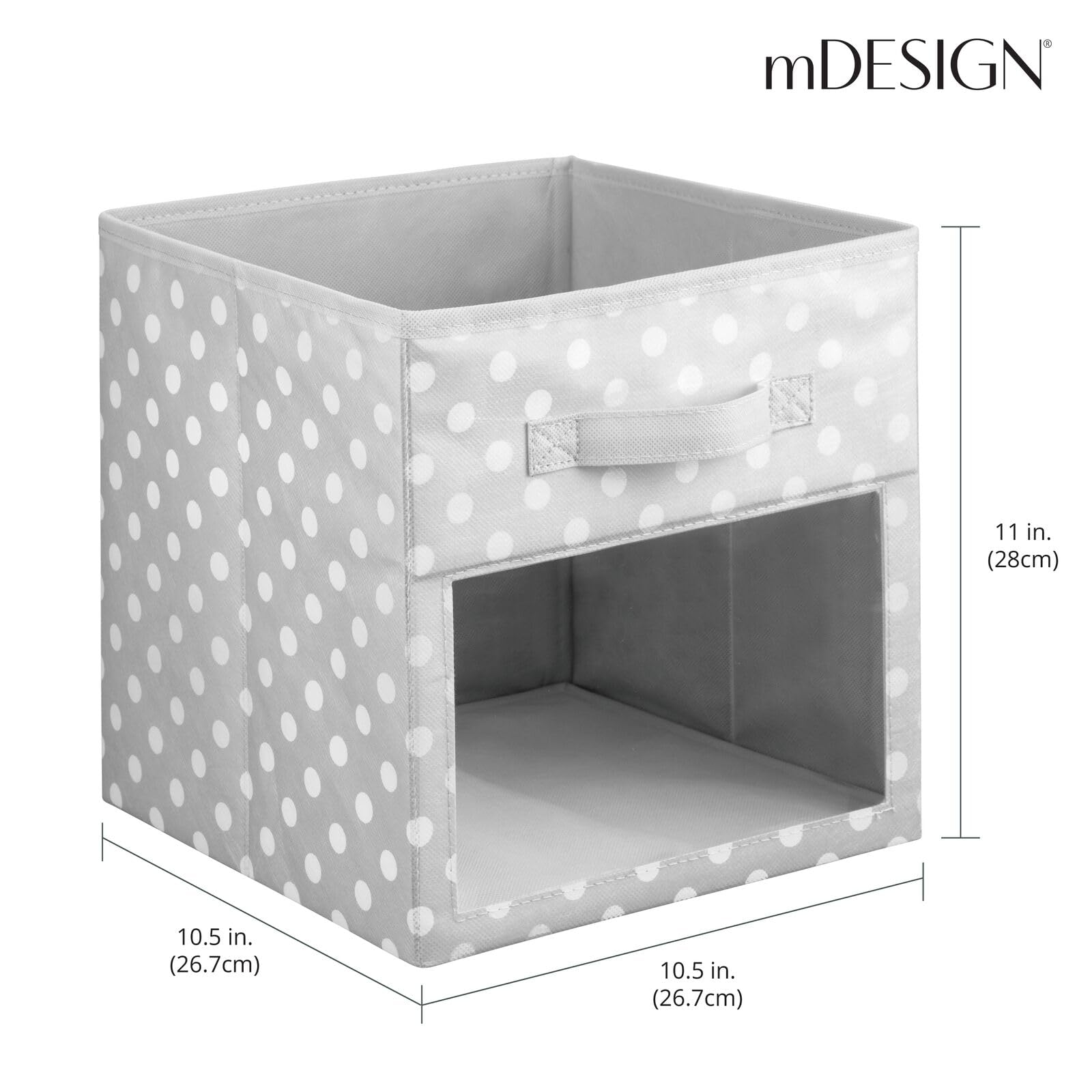 mDesign Fabric Storage Bins 4-Pack - Gray/White Polka Dot Closet Organizer with Front Handles & Window for Nursery, Playroom - Perfect for Toys, Clothes, Diapers & Bibs Storage - Fits Cube Shelving Units & Kids Room Organization