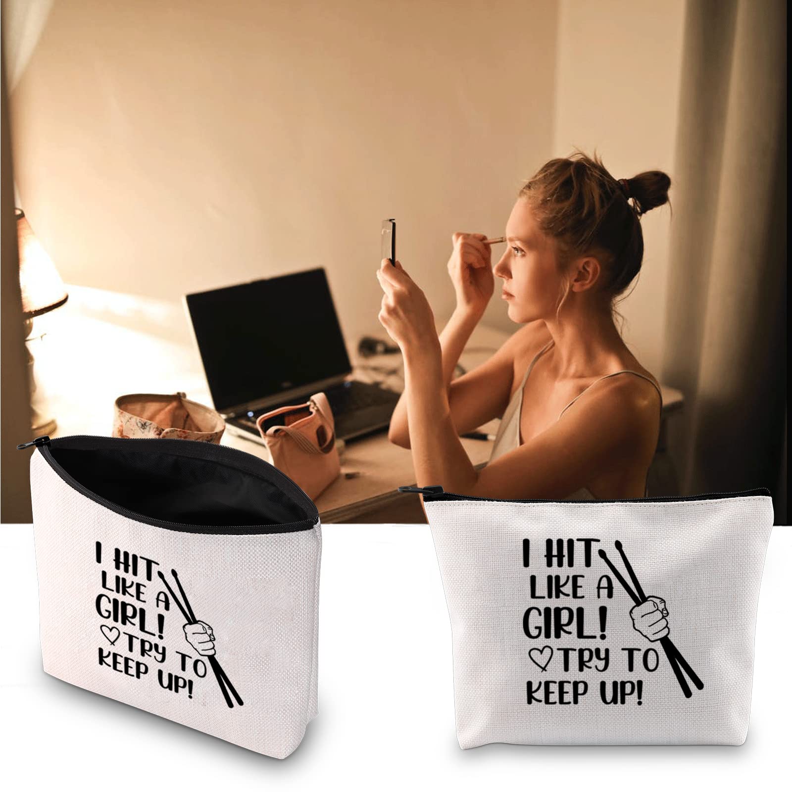 Drummer Cosmetic Bag - 'I Hit Like A Girl Try To Keep Up' Makeup Pouch, Drum Travel Toiletry Bag for Musicians | Perfect Gift for Drummers, Band Members & Music Lovers (Great for Concerts, Tours & Music Festivals)