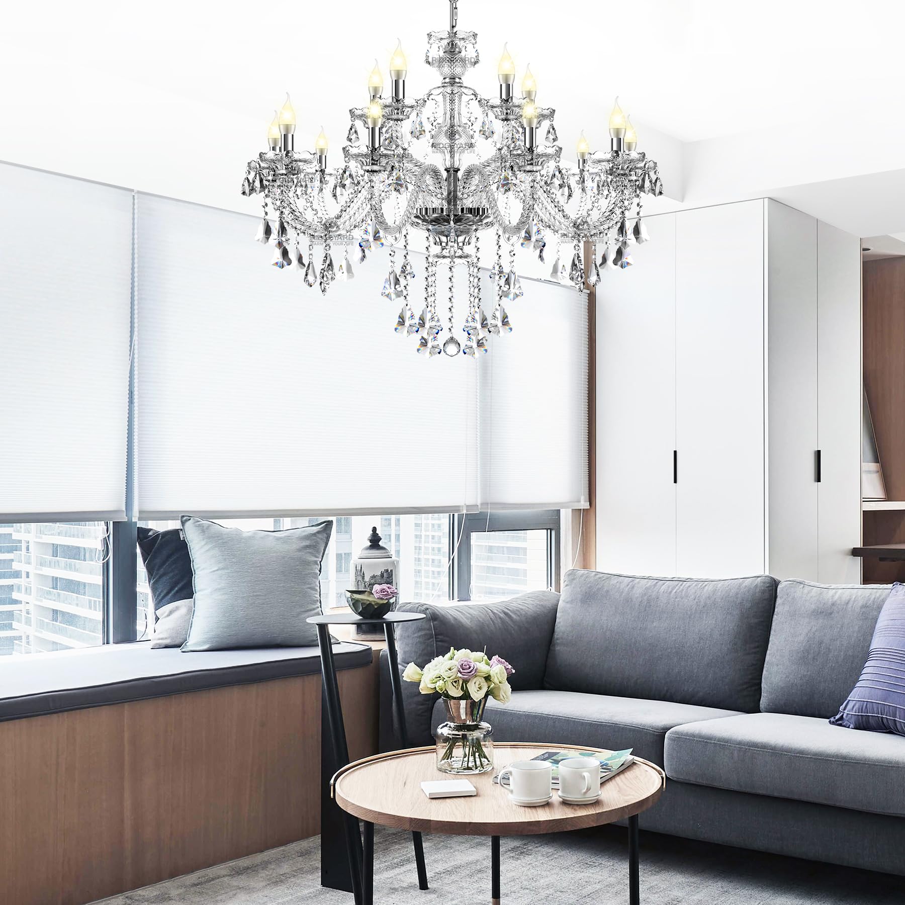 Ridgeyard 15-Light Crystal Chandelier - Modern Clear Crystal Pendant Ceiling Light Fixture for Dining Room, Living Room, Bedroom, Hallway & Entryway | Elegant Lighting for Weddings, Restaurants & Luxury Homes