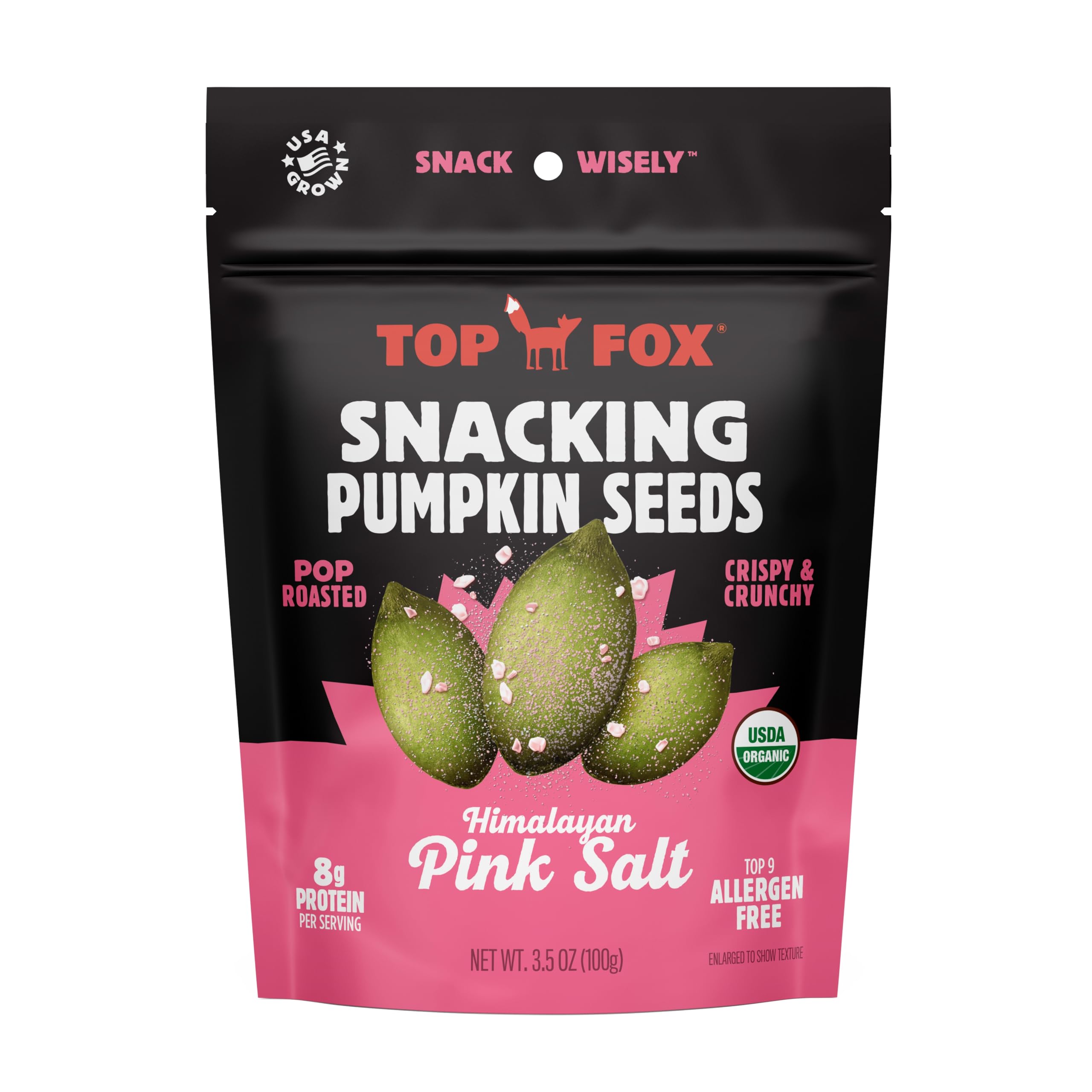 Organic Pop-Roasted Pumpkin Seeds by Top Fox Snacks | Healthy Protein Snacks, Gluten Free, Keto & Vegan Friendly with Himalayan Salt | 3.5oz (6 Pack) | Perfect for On-the-Go, Hiking & Office Snacking