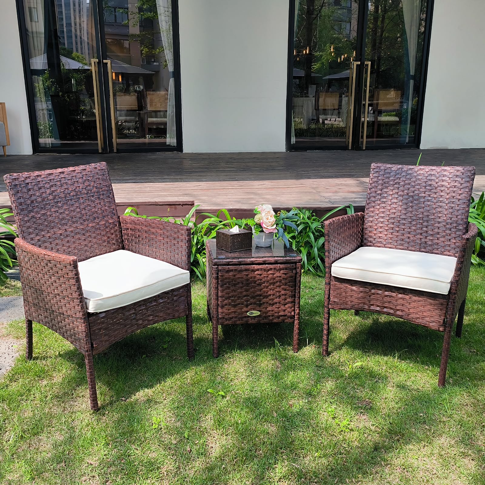 DIMAR GARDEN 3-Piece Outdoor Patio Furniture Set - Rattan Wicker Chairs with Coffee Table for Porch, Garden, Backyard & Balcony Decor