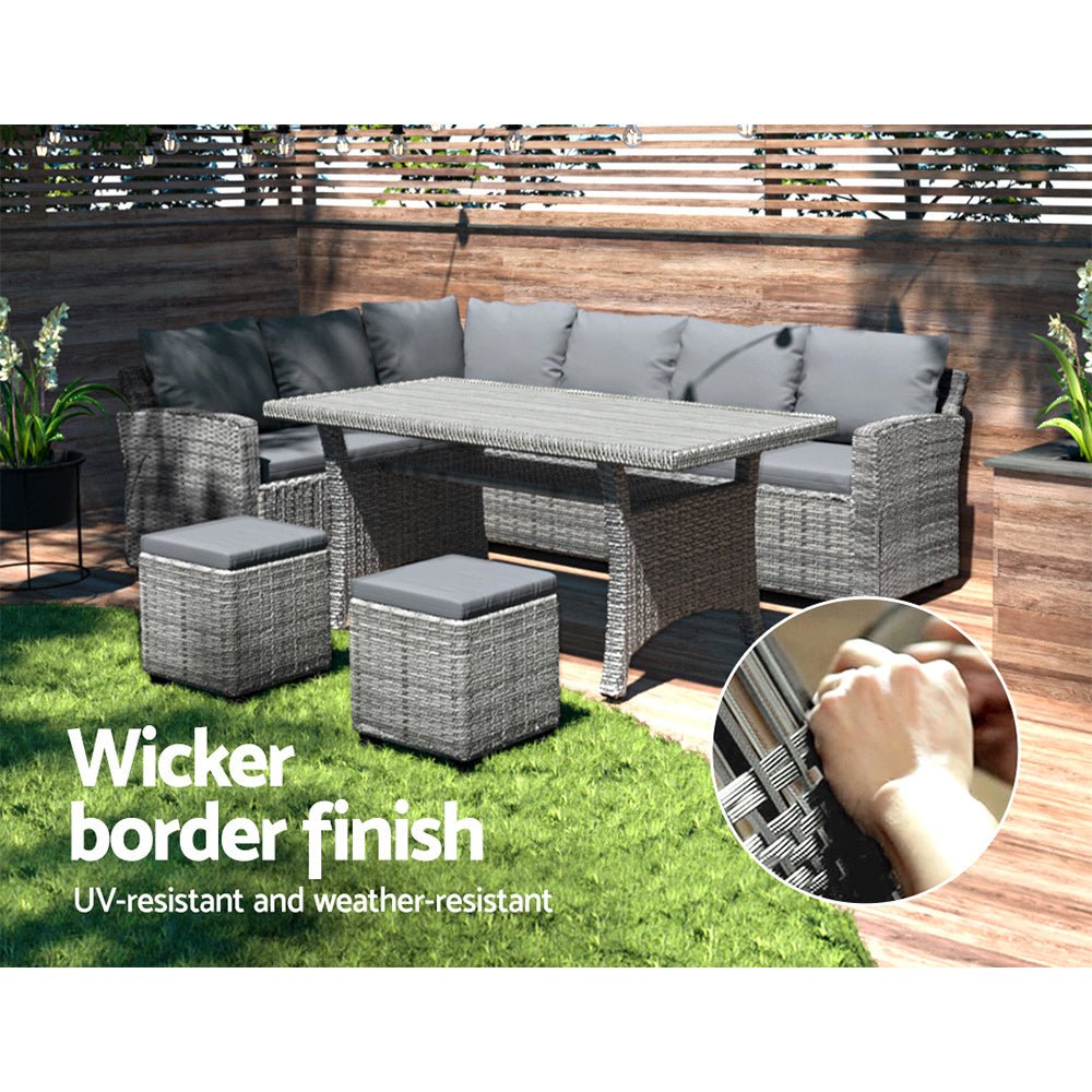 9-Piece Outdoor Wicker Patio Dining Set with Mixed Grey Cushions - Perfect for Backyard BBQs, Poolside Lounging & Garden Entertaining