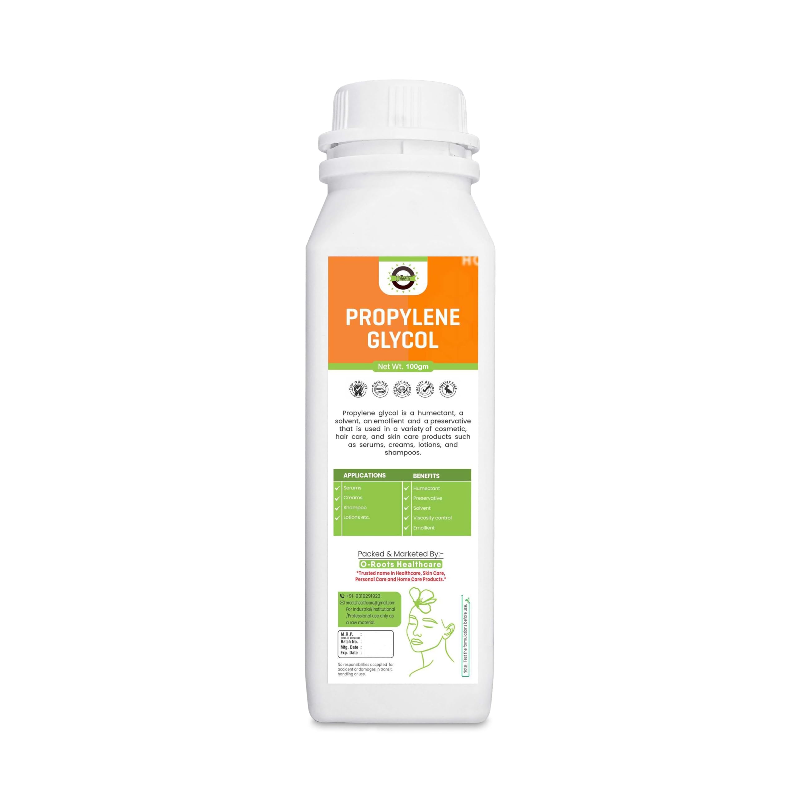 OROOTS Propylene Glycol (100g) for DIY Skincare & Haircare - Serums, Creams, Lotions, Shampoos | Moisturizer & Humectant for Dry Skin & Frizzy Hair Care