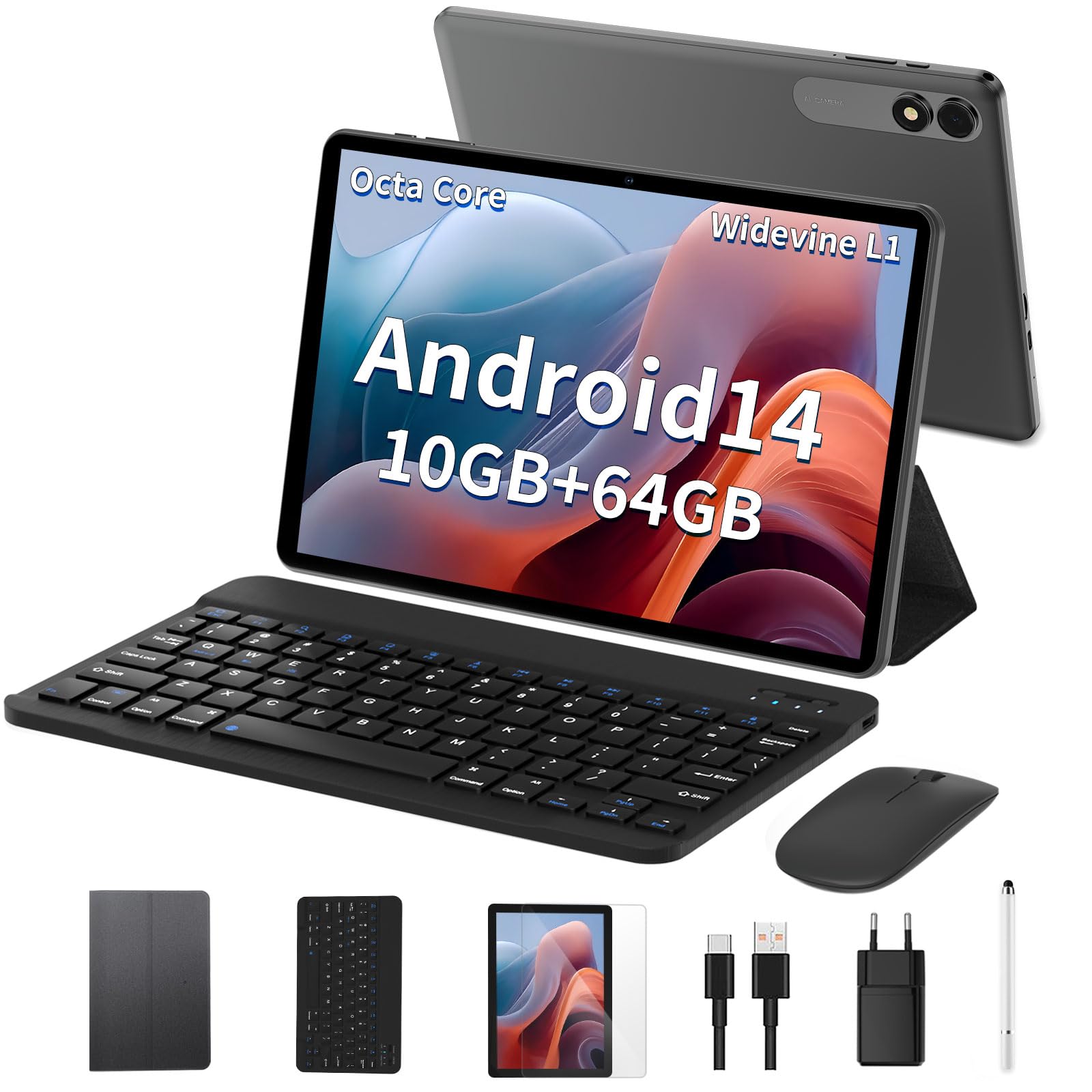 JIKOCXN 10 Inch Android 14 Tablet with Keyboard - 4GB RAM, 64GB ROM (Expandable to 1TB), Octa-Core Processor, 1280x800 HD Display, 6000mAh Battery, GPS, WiFi, Bluetooth 5.0, Dual Camera (Black) - Perfect for Work, Study, and Entertainment