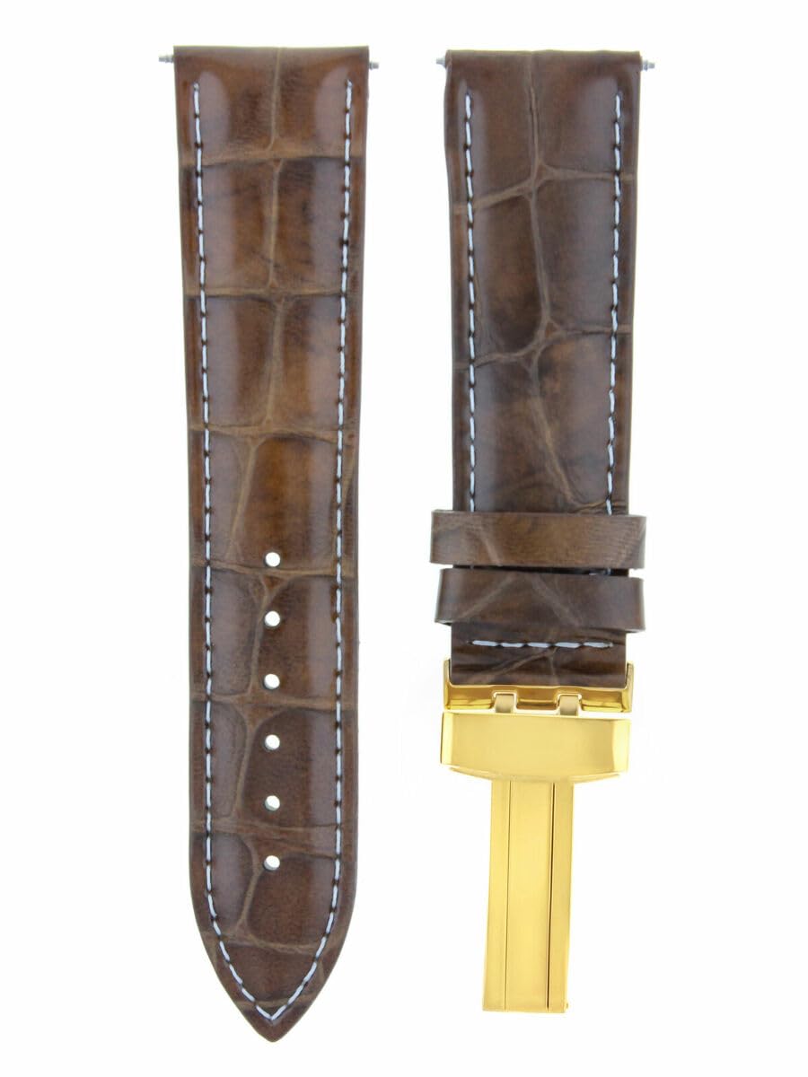 20mm Genuine Leather Watch Band Strap with Gold Deployment Clasp - Compatible with Omega Watches - Light Brown Replacement Strap for Dress Watches, Business & Formal Occasions