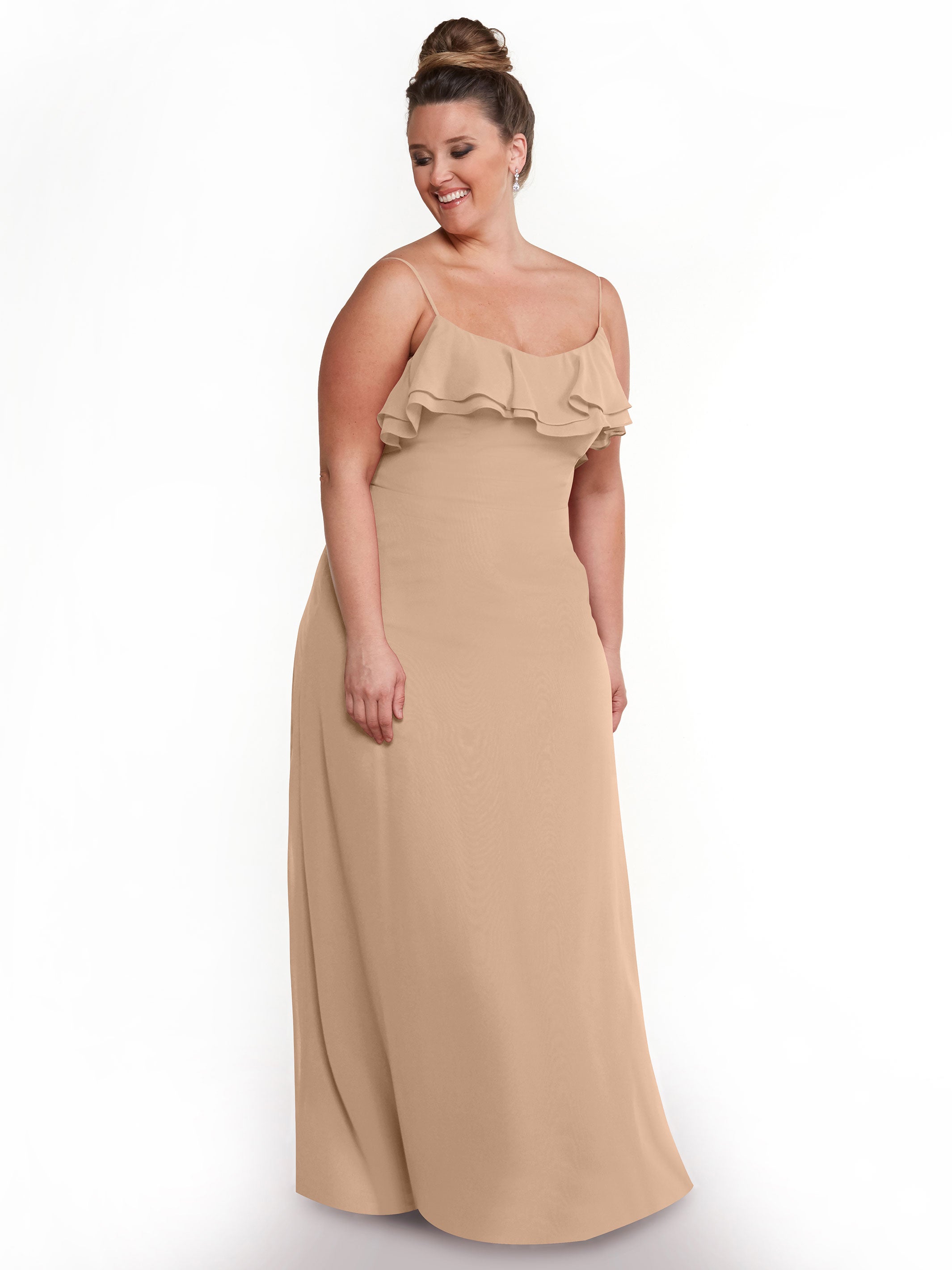 Elegant 80146 Sheath Chiffon Bridesmaid Dress with Ruffled Neckline - Perfect for Weddings, Formal Events & Special Occasions