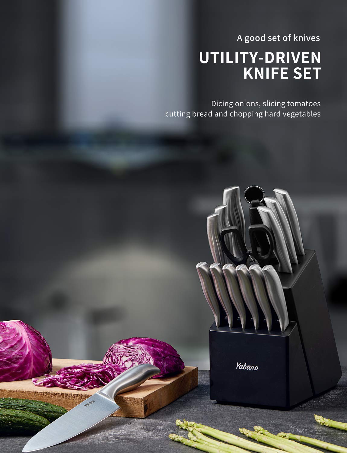 Yabano 16-Piece German High-Carbon Stainless Steel Knife Set with Wooden Block - Includes Chef Knife, Steak Knives, Meat Scissors & Sharpener | Perfect for Home Kitchen, Professional Cooking & Meat Preparation