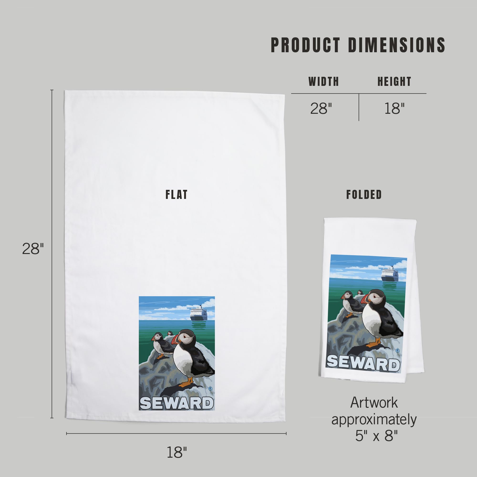 Lantern Press Puffins and Cruise Ship Seward Alaska - 100% Cotton Tea Towel, Decorative Hand Towel for Kitchen & Home - Perfect for Dish Drying, Gift Giving, and Coastal Decor