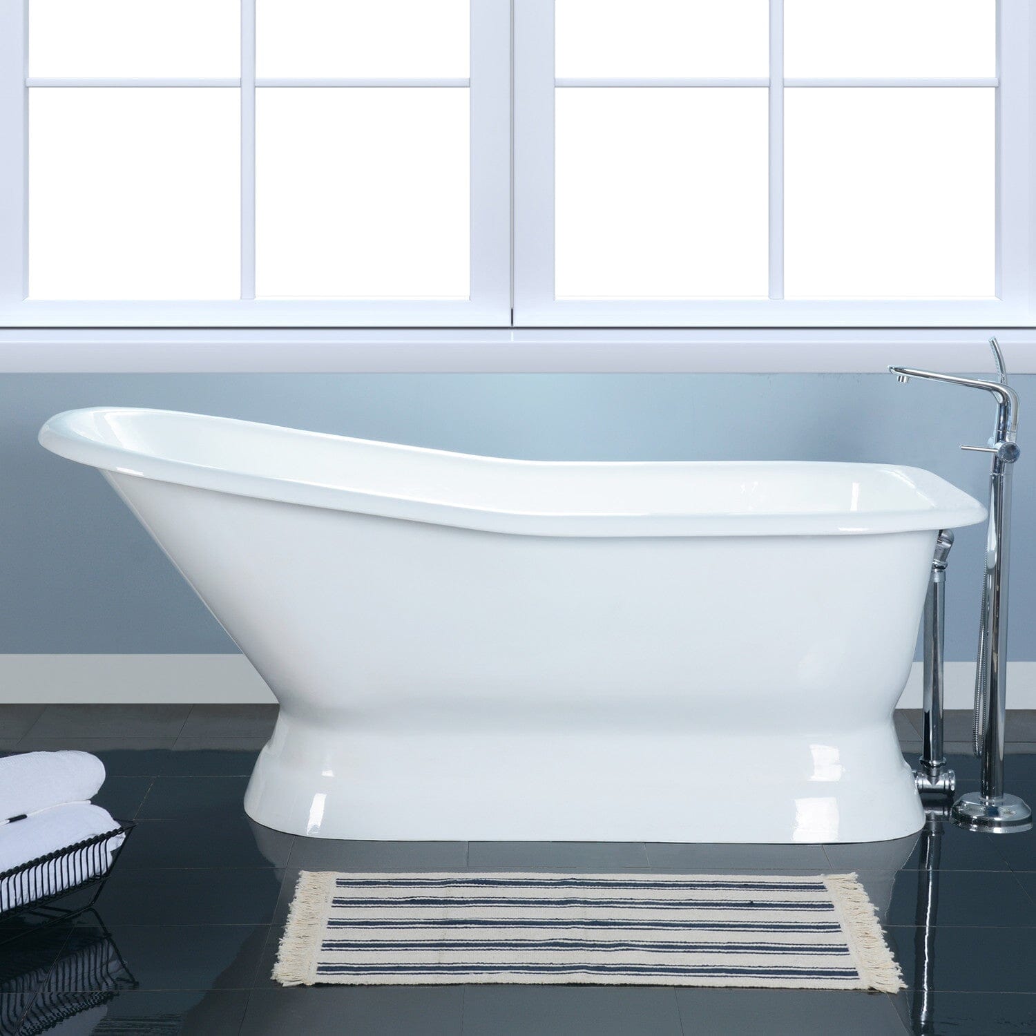 Aqua Eden 66 Inch Freestanding Cast Iron D-Shaped Slipper Bathtub - No Faucet Holes - Vintage Soaking Tub for Spa-Like Relaxation in Master Bathroom