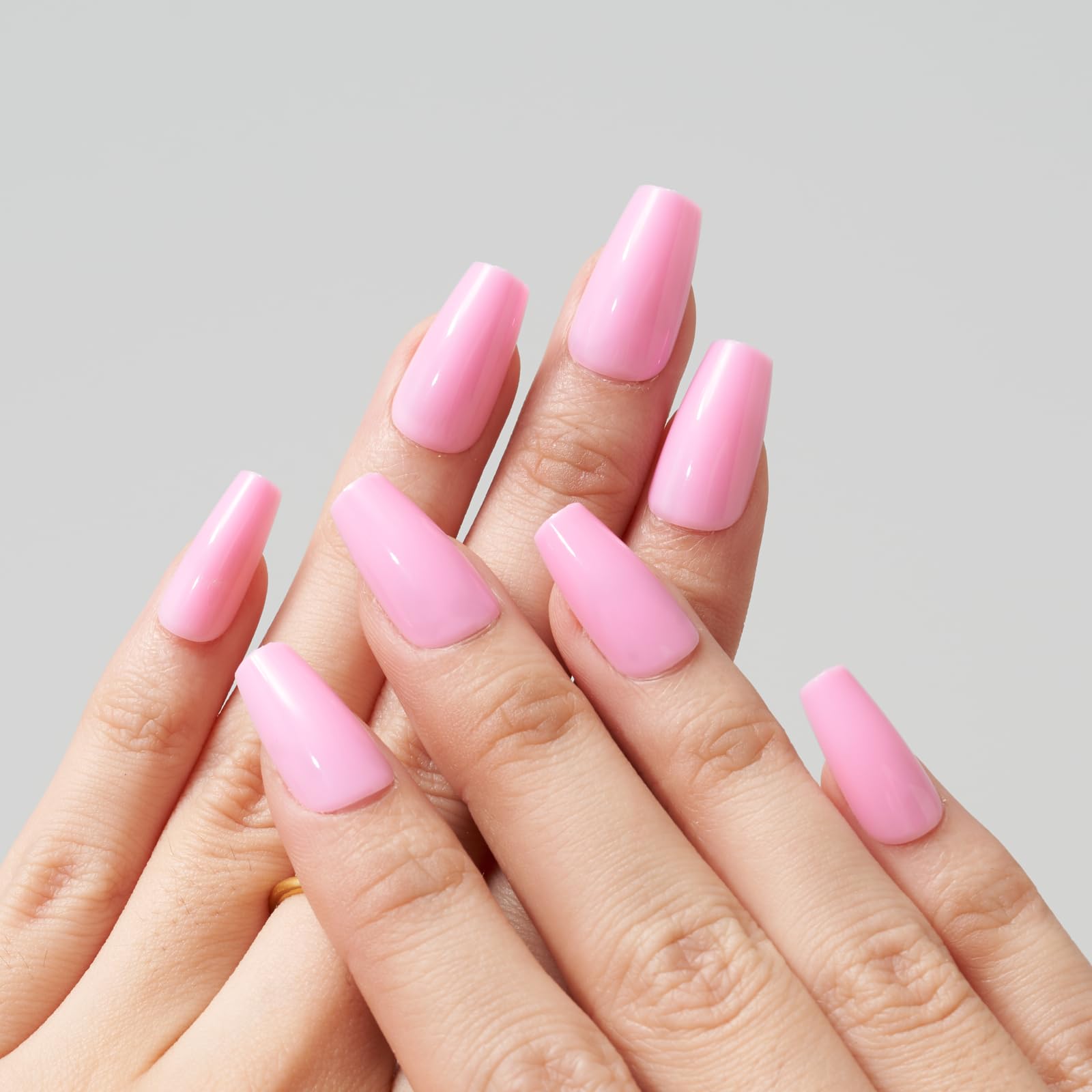 GLAMERMAID Short Coffin Press on Nails - 24Pcs Light Pink Glossy Medium Square Fake Nails with UV Finish | Reusable Acrylic False Nails Manicure Kit for Women | Perfect for Spring Summer, Weddings & Special Occasions