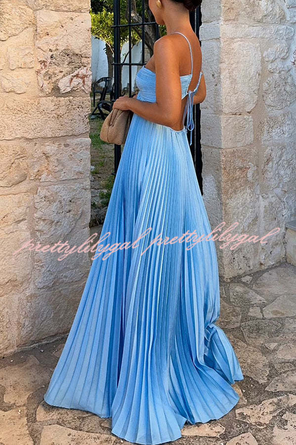 Elegant Satin Pleated Cross Straps Cutout Flowing Maxi Dress for Women - Perfect for Weddings, Parties & Summer Vacations