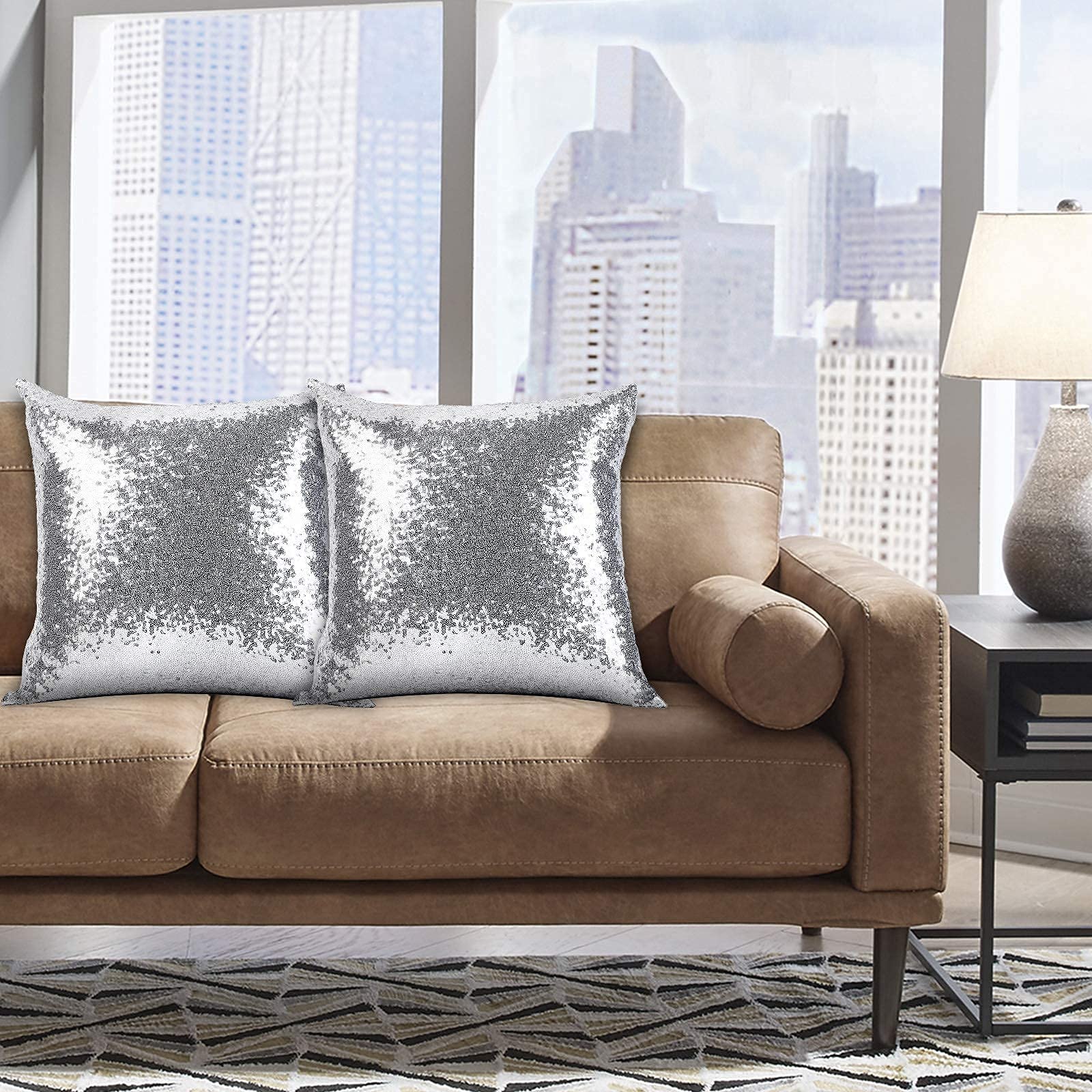 2PCS Silver Sequin Decorative Throw Pillows 18x18 Inch - Glitter Square Solid Pillow Covers with Hidden Zipper for Home, Bedroom, Living Room, Wedding & Party Decor - Perfect for Sofa, Couch and Home Styling