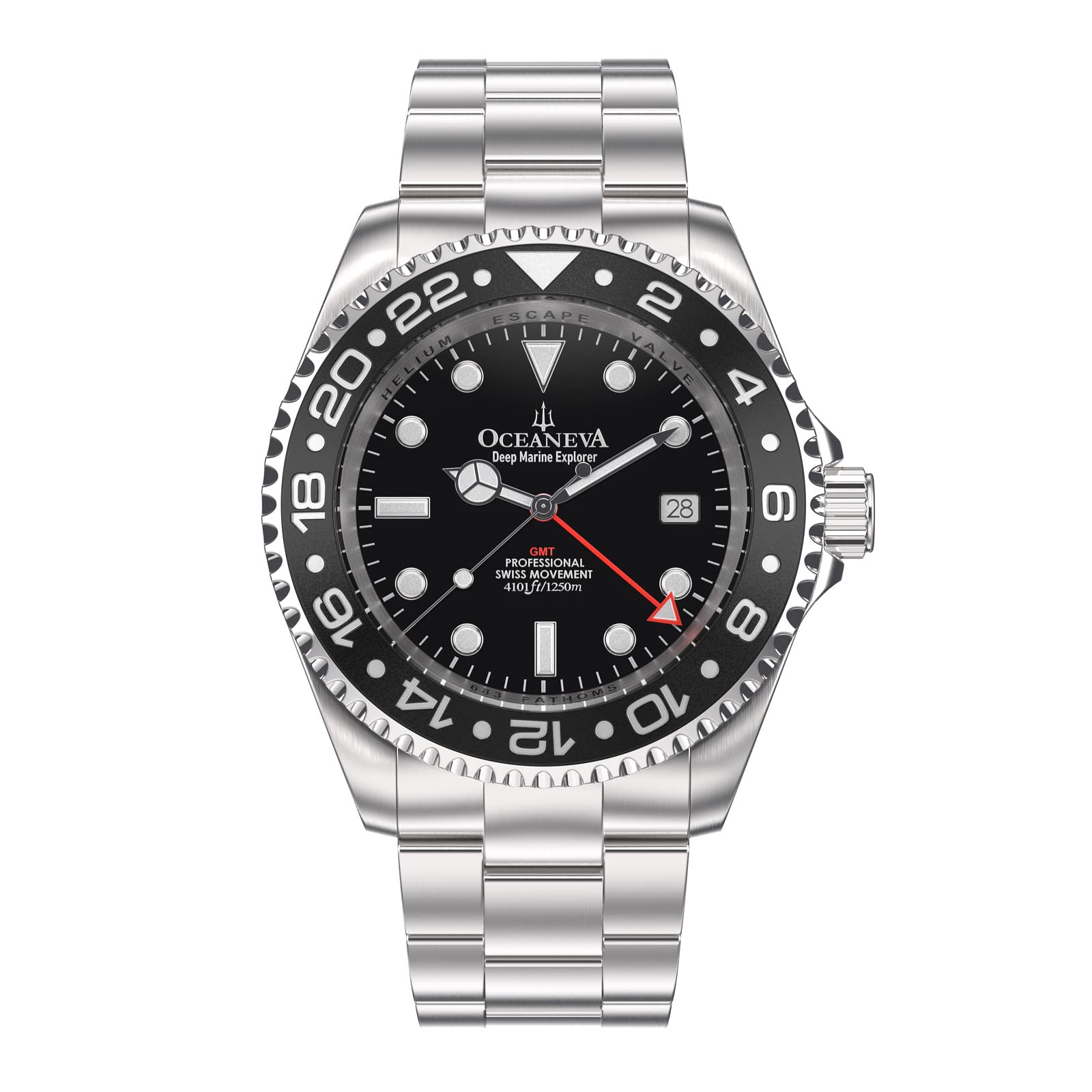Oceaneva Men's GMT Deep Marine Explorer Watch - Swiss Automatic Diving Watch with 1250M Water Resistance, Stainless Steel Bracelet & Luminous Markers - Perfect for Professional Divers, Marine Exploration & Luxury Everyday Wear