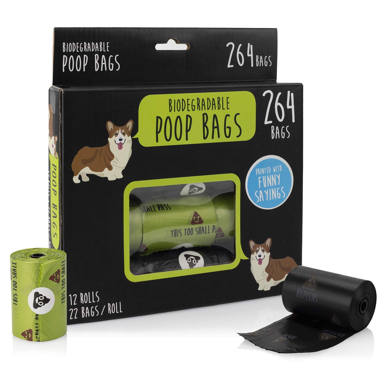 Eco-Friendly Biodegradable Dog Poop Bags - Unscented Pet Waste Bags with Fun Sayings (264 Count) - Perfect for Park Walks, Hiking & Daily Dog Cleanup