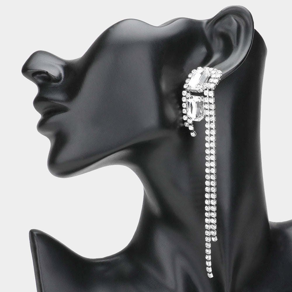 Sparkling Double Clear Rectangle Rhinestone Earrings with Long Fringe - Elegant Pageant Jewelry & Prom Accessories for Women | Perfect for Pageants, Prom Nights, and Special Occasions