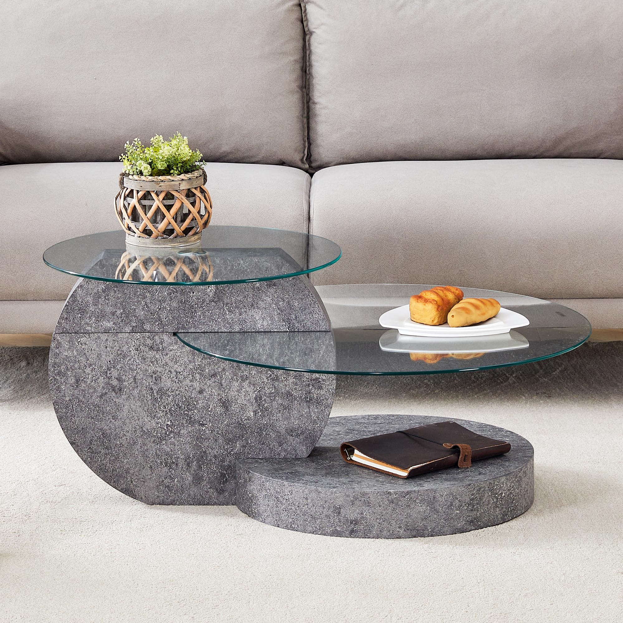 Modern 3-Tier Round Glass Coffee Table - 35.4 Inch Grey Circle Living Room Table for Small Spaces | Home Office & Lounge Centerpiece