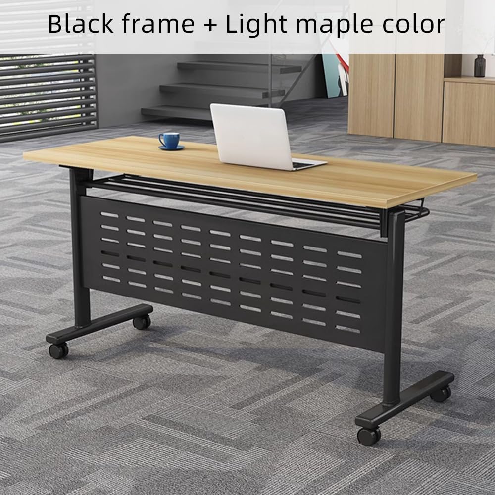 Folding Conference Table with Silent Wheels - Large Rectangle Meeting Seminar Table 55×16×30in - Mobile Office Solution for Business Meetings & Conference Rooms (Light Maple & Black Frame) | Perfect for Corporate Events, Training Sessions & Collaborative Workspaces