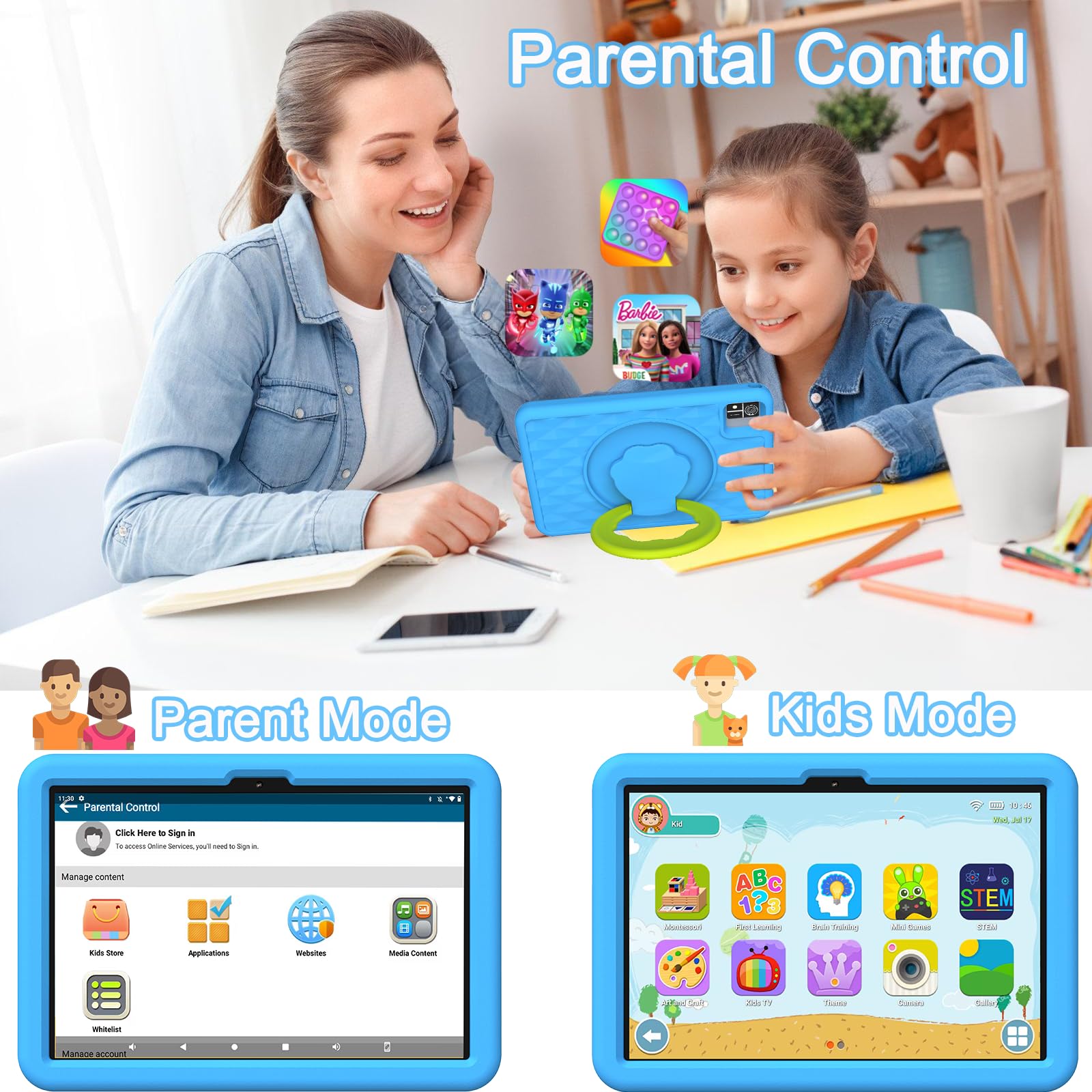 YUMBOT 10 Inch Kids Tablet with WiFi - Android Learning Tablet for Children, Parental Control, 32GB Storage, HD Display - Perfect for Homeschooling, Travel & Educational Games (Blue)